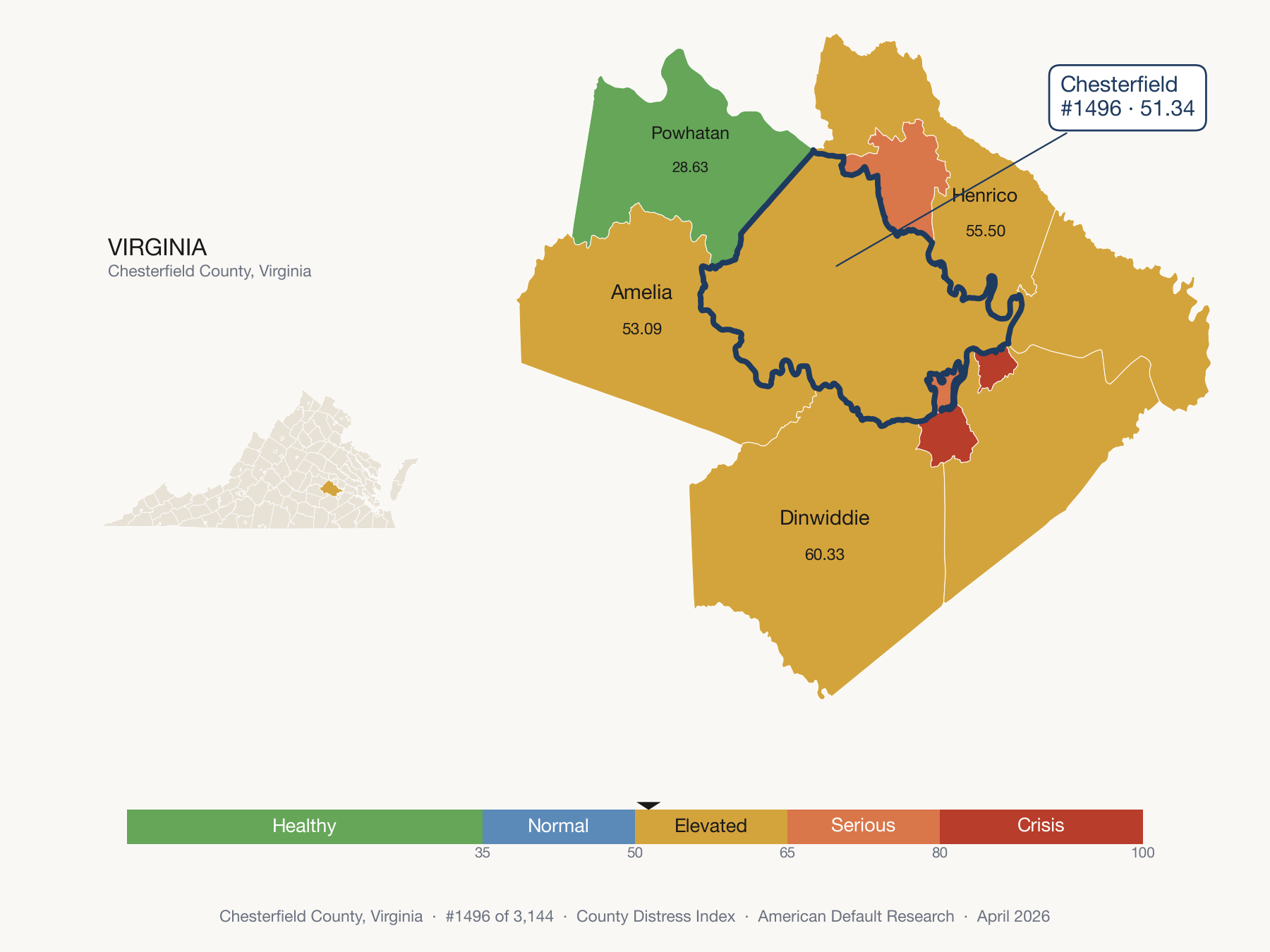 County Distress Index cluster map. Chesterfield County, Virginia and its neighbors colored by distress fifth.