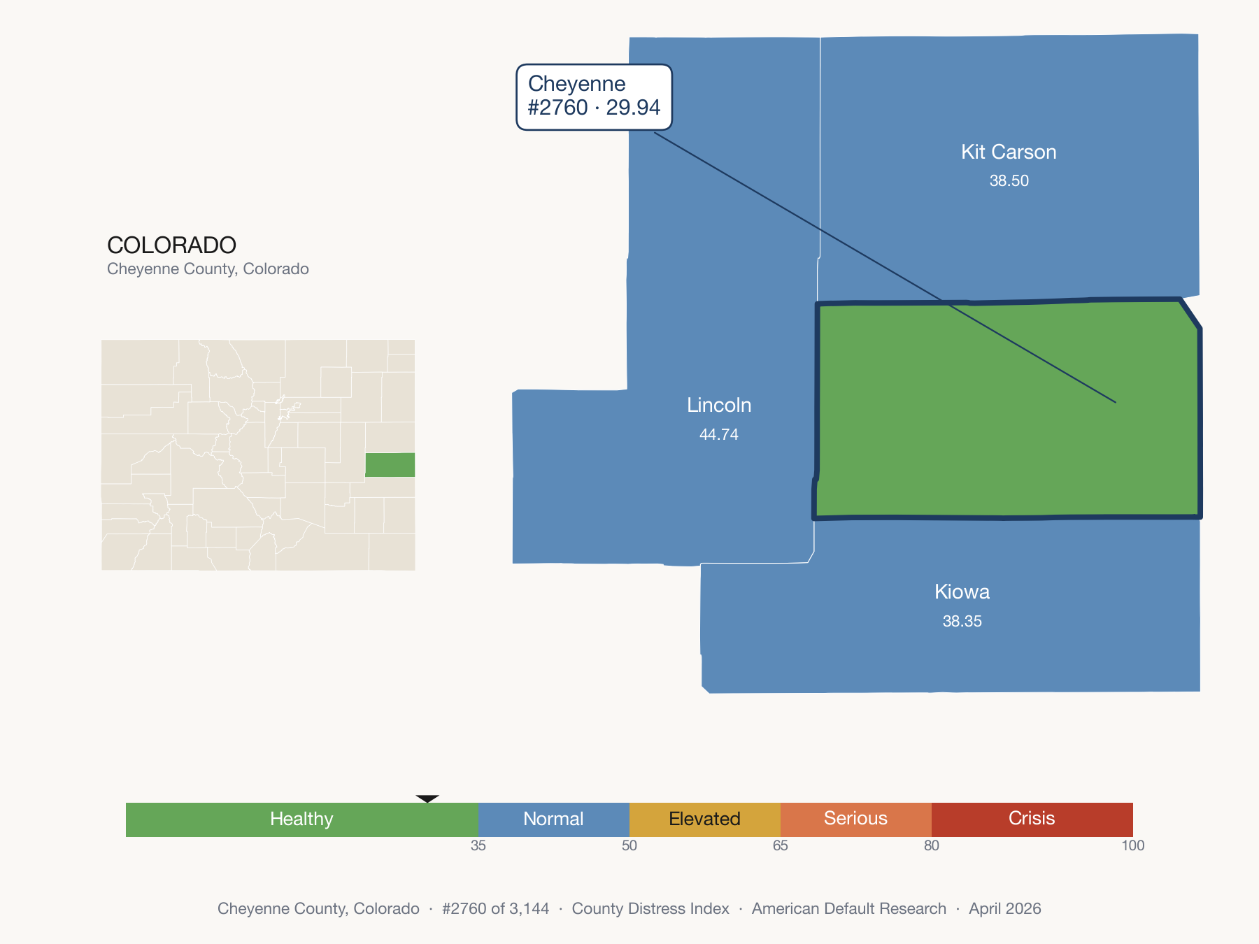 County Distress Index cluster map. Cheyenne County, Colorado and its neighbors colored by distress fifth.