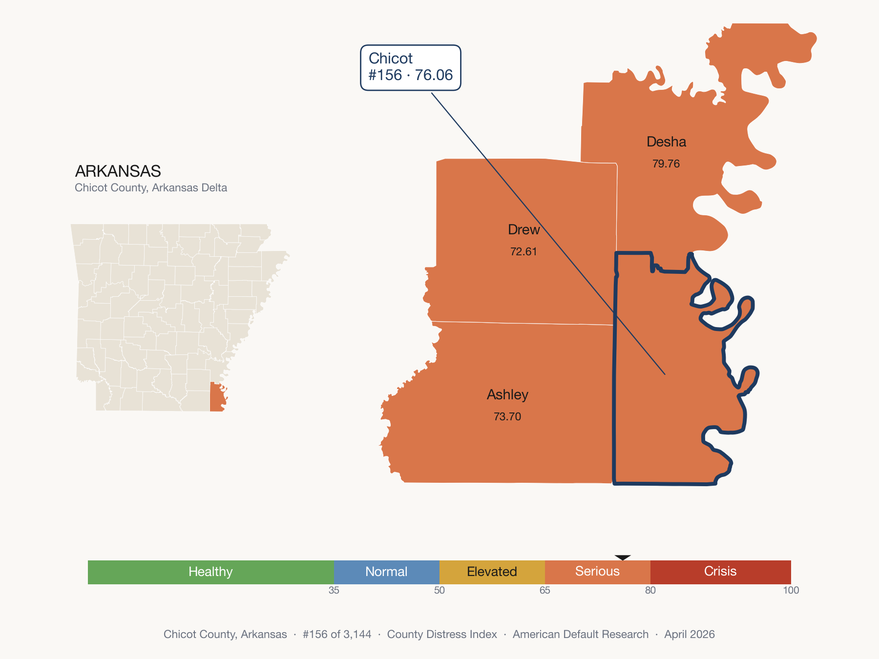 County Distress Index cluster map. Chicot County, Arkansas and its neighbors colored by distress fifth.