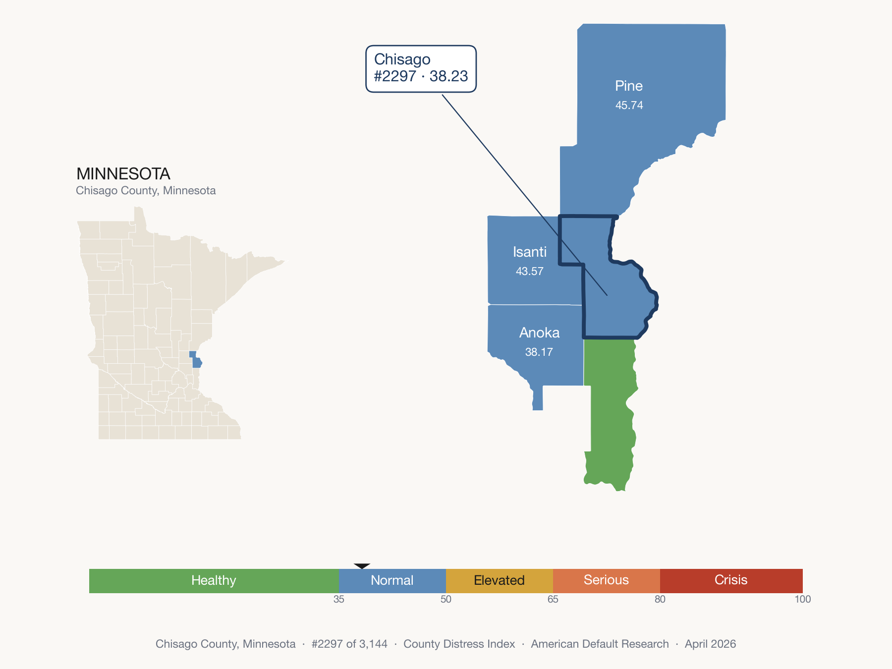 County Distress Index cluster map. Chisago County, Minnesota and its neighbors colored by distress fifth.