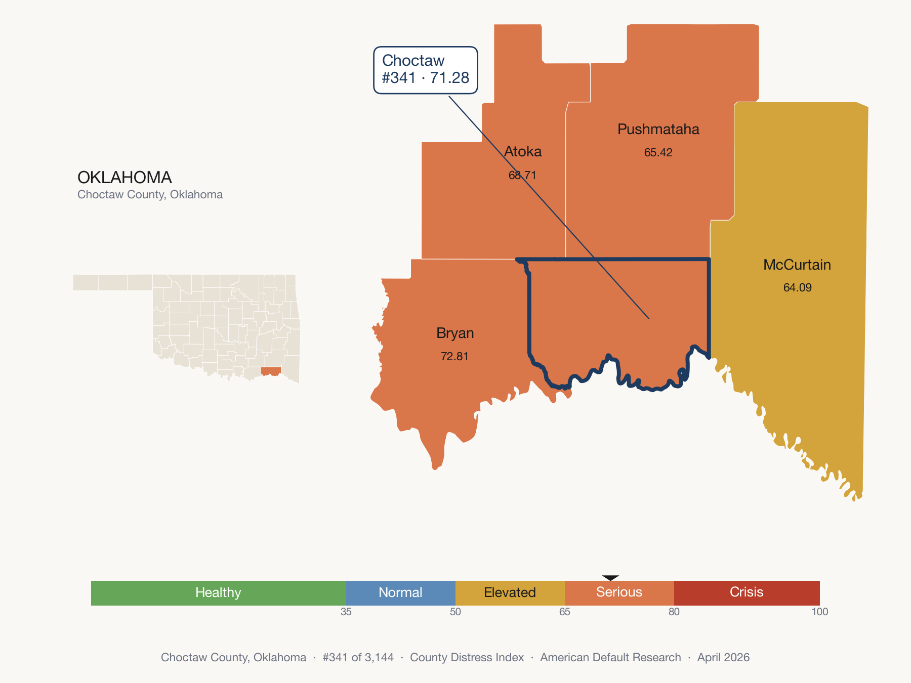 County Distress Index cluster map. Choctaw County, Oklahoma and its neighbors colored by distress fifth.