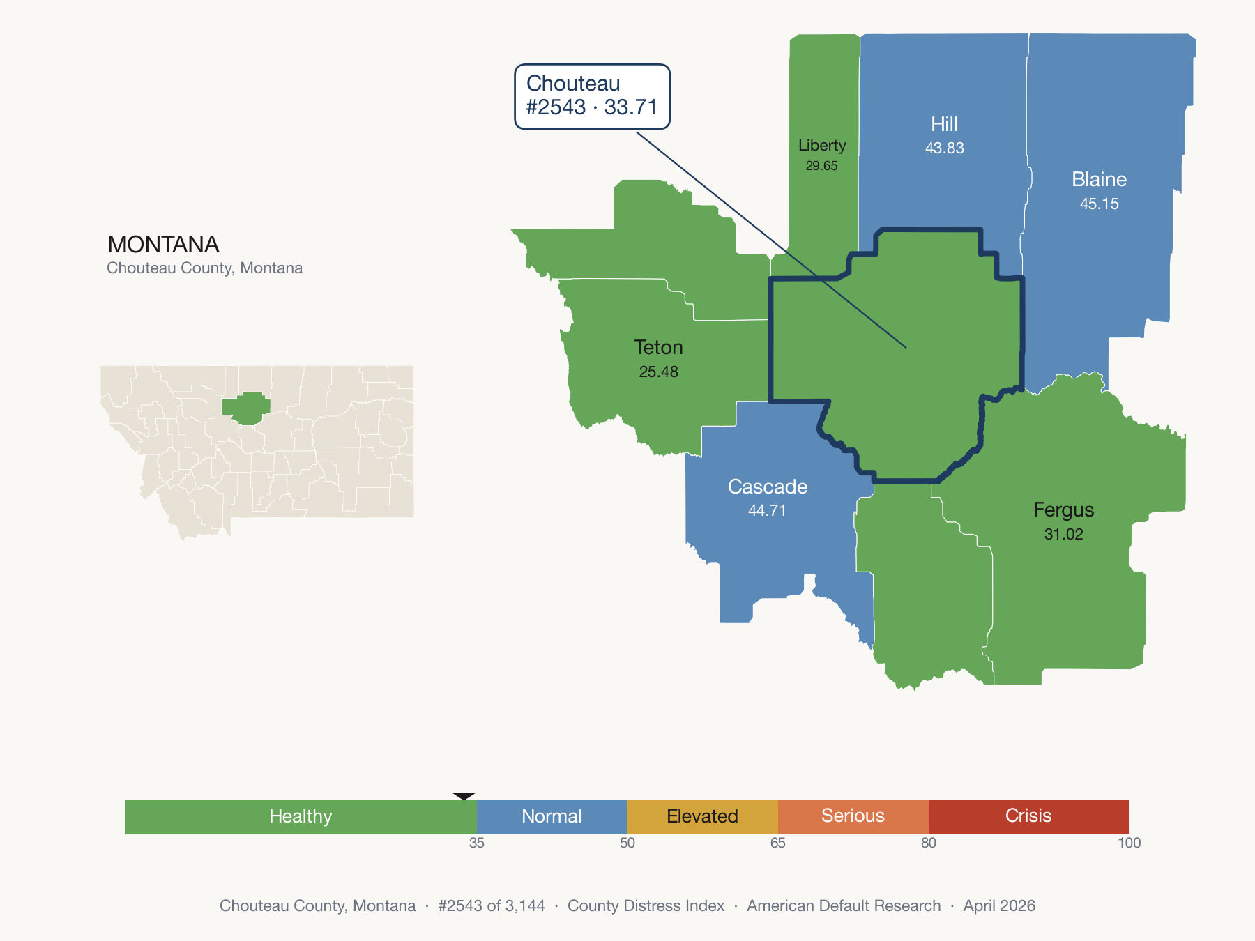 County Distress Index cluster map. Chouteau County, Montana and its neighbors colored by distress fifth.