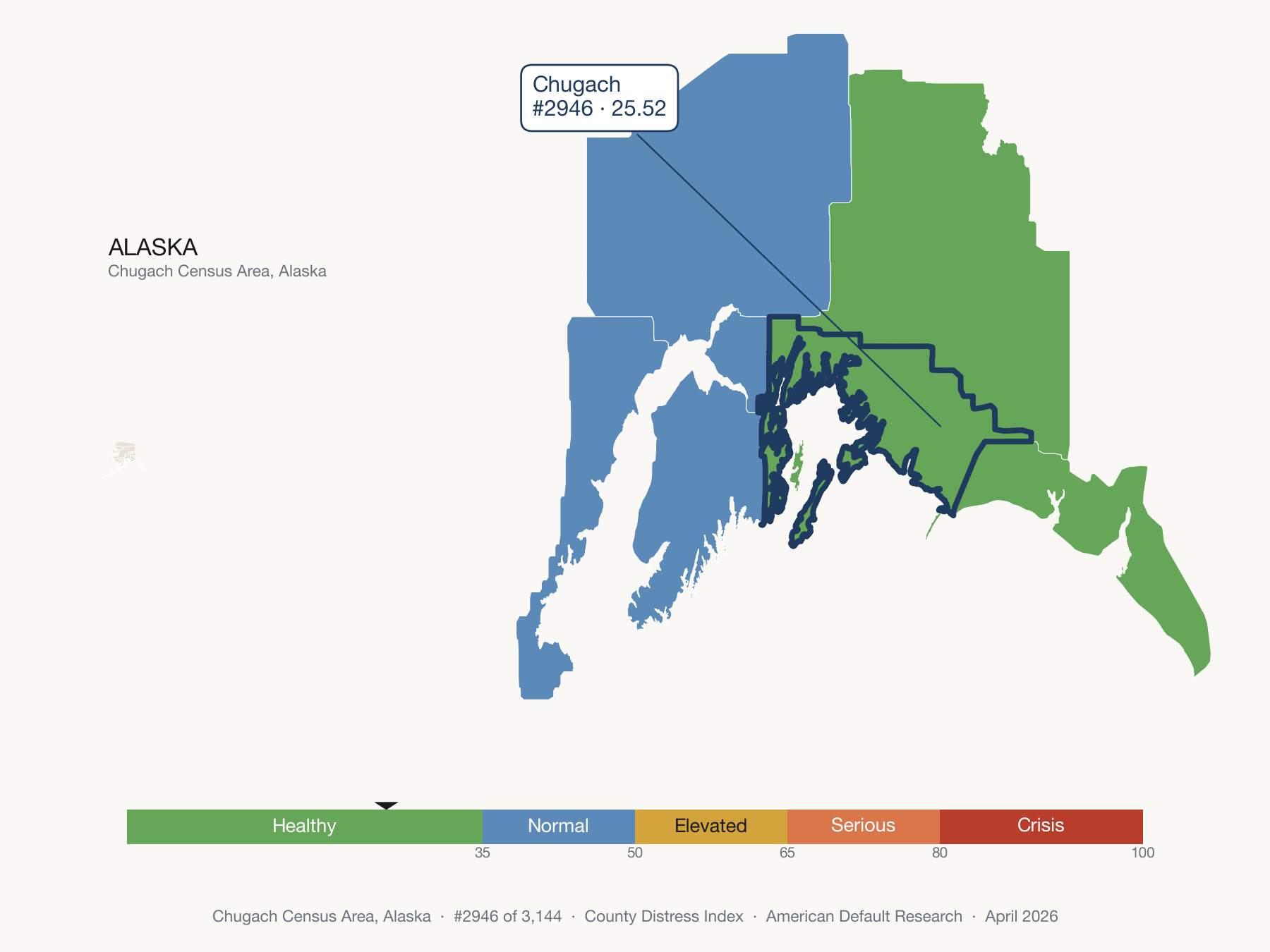 County Distress Index cluster map. Chugach Census Area, Alaska and its neighbors colored by distress fifth.