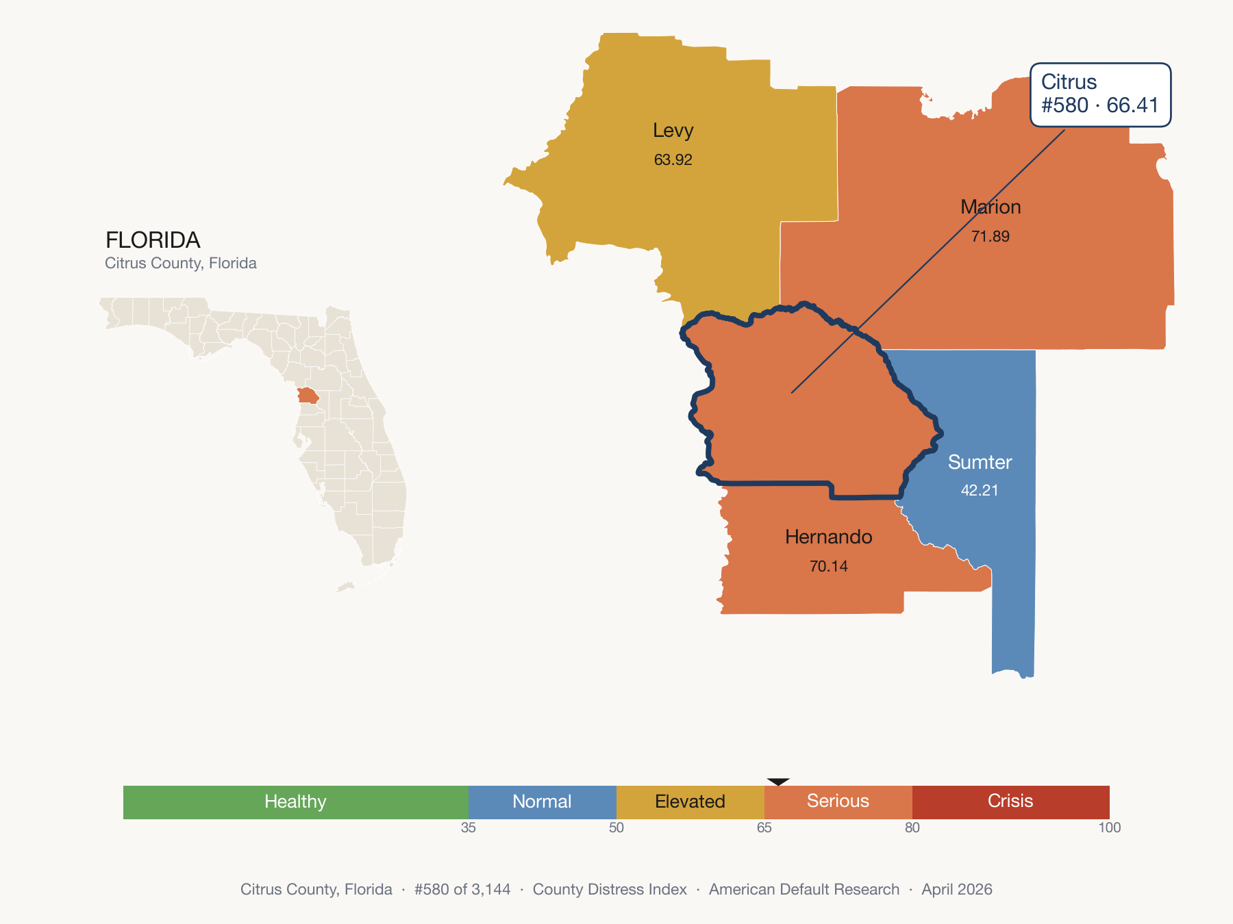 County Distress Index cluster map. Citrus County, Florida and its neighbors colored by distress fifth.