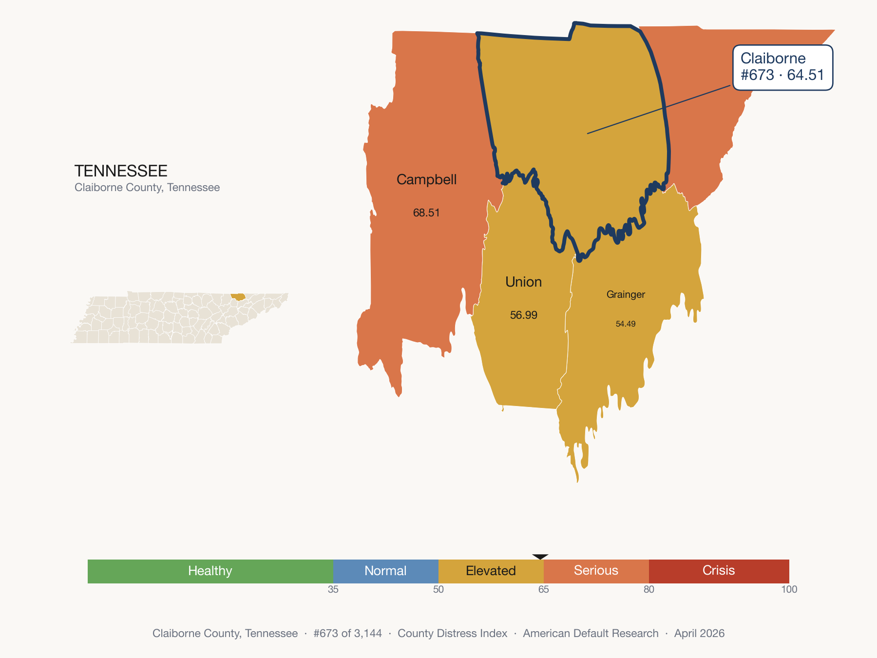 County Distress Index cluster map. Claiborne County, Tennessee and its neighbors colored by distress fifth.