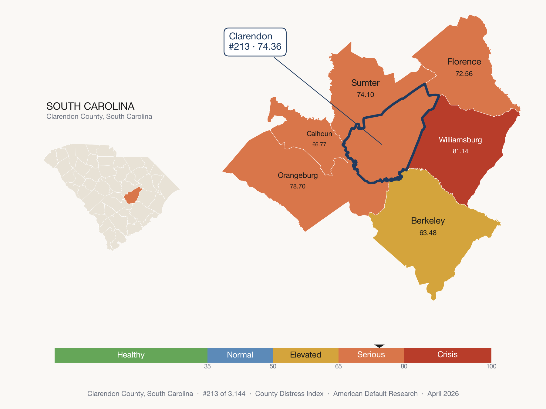 County Distress Index cluster map. Clarendon County, South Carolina and its neighbors colored by distress fifth.