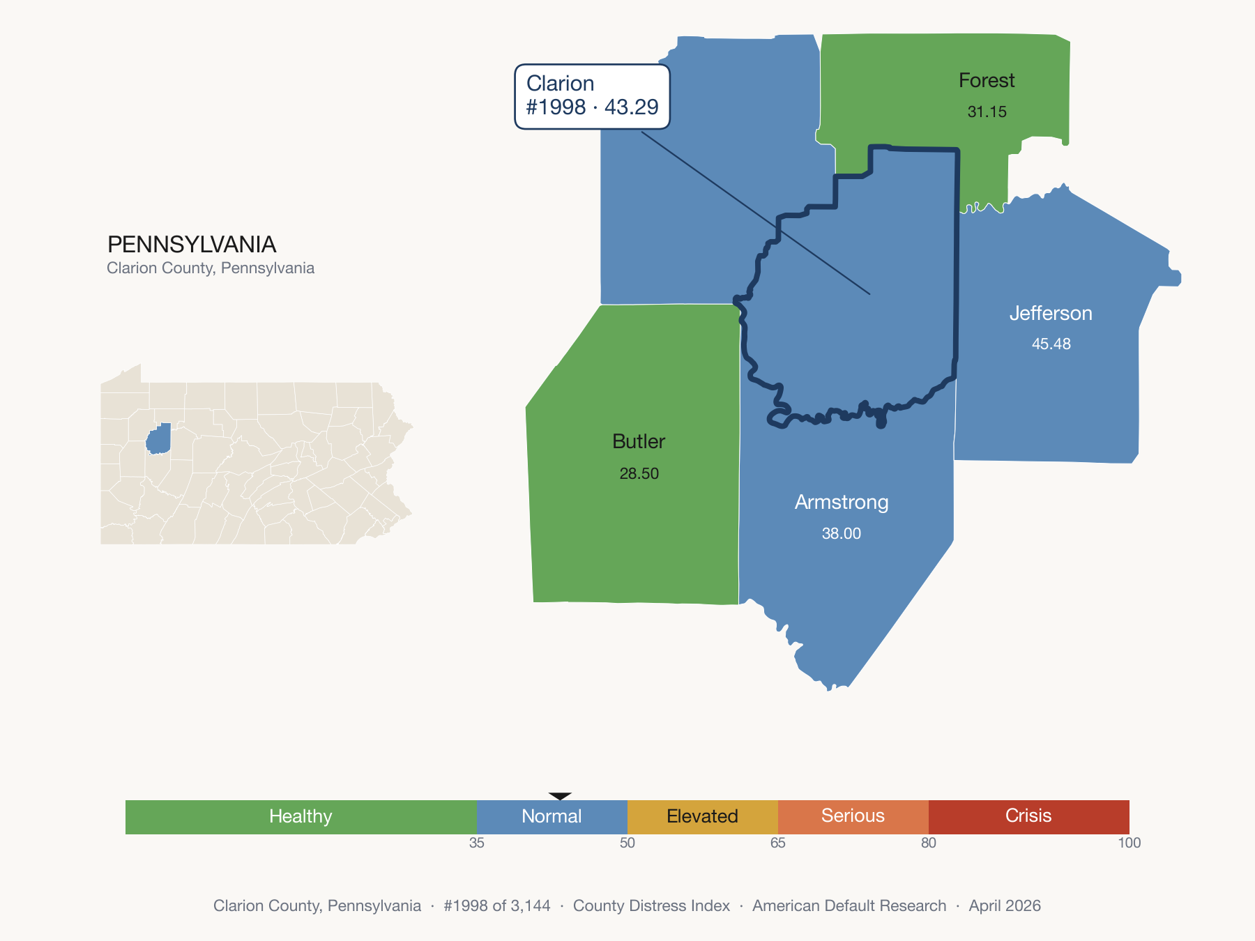 County Distress Index cluster map. Clarion County, Pennsylvania and its neighbors colored by distress fifth.