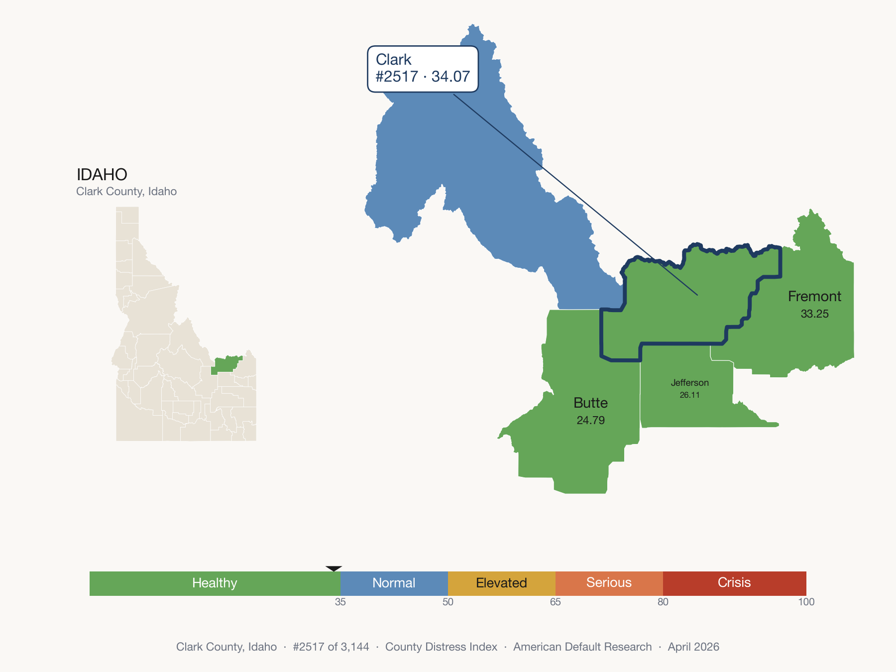 County Distress Index cluster map. Clark County, Idaho and its neighbors colored by distress fifth.