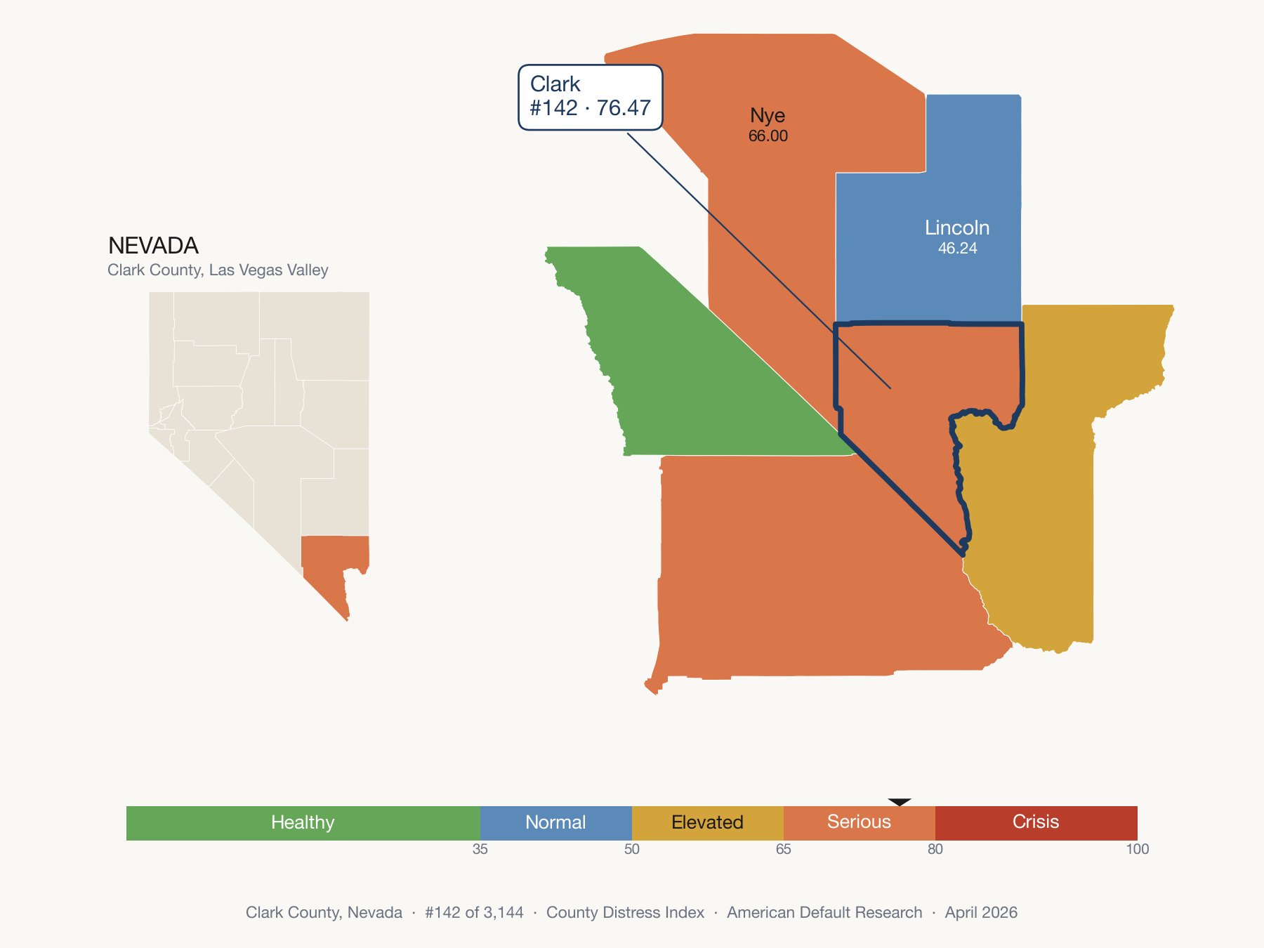 County Distress Index cluster map. Clark County, Nevada and its neighbors colored by distress fifth.