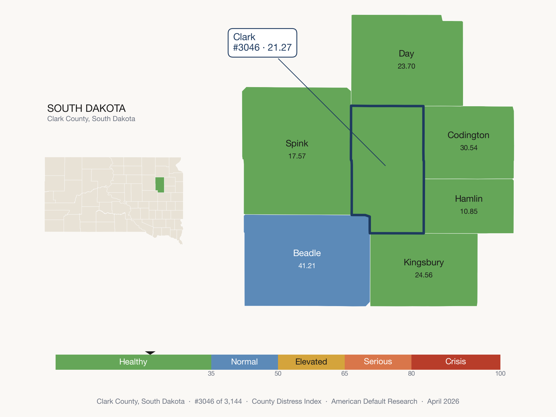 County Distress Index cluster map. Clark County, South Dakota and its neighbors colored by distress fifth.