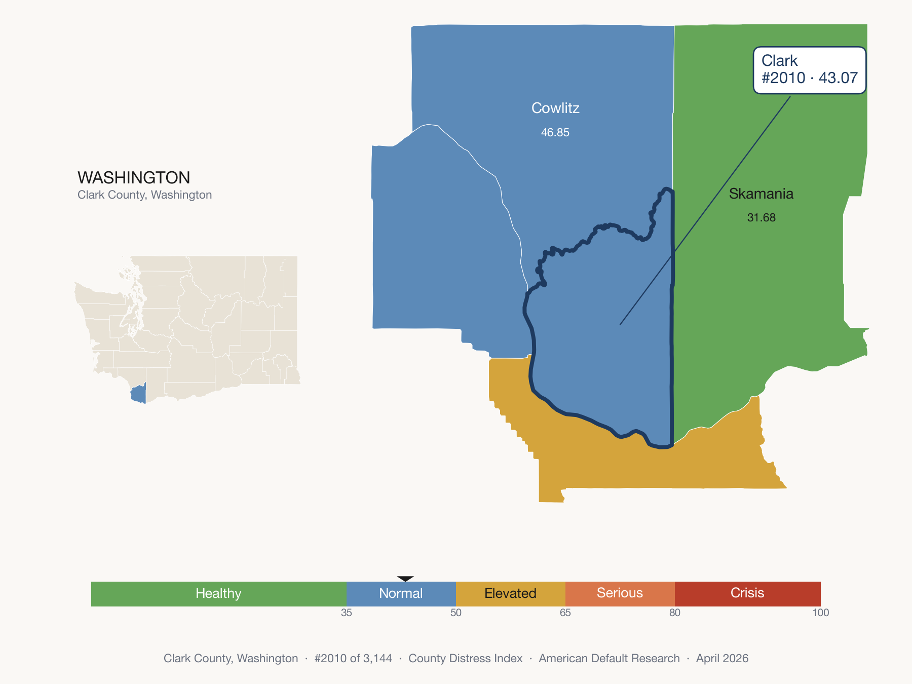 County Distress Index cluster map. Clark County, Washington and its neighbors colored by distress fifth.