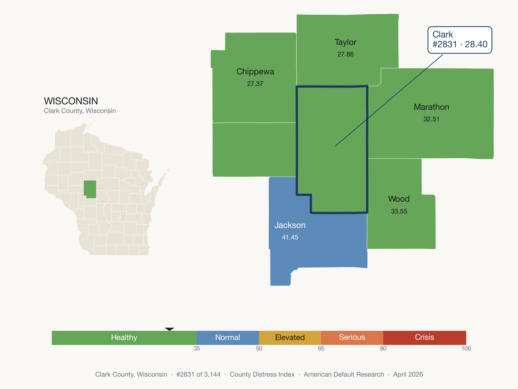 County Distress Index cluster map. Clark County, Wisconsin and its neighbors colored by distress fifth.
