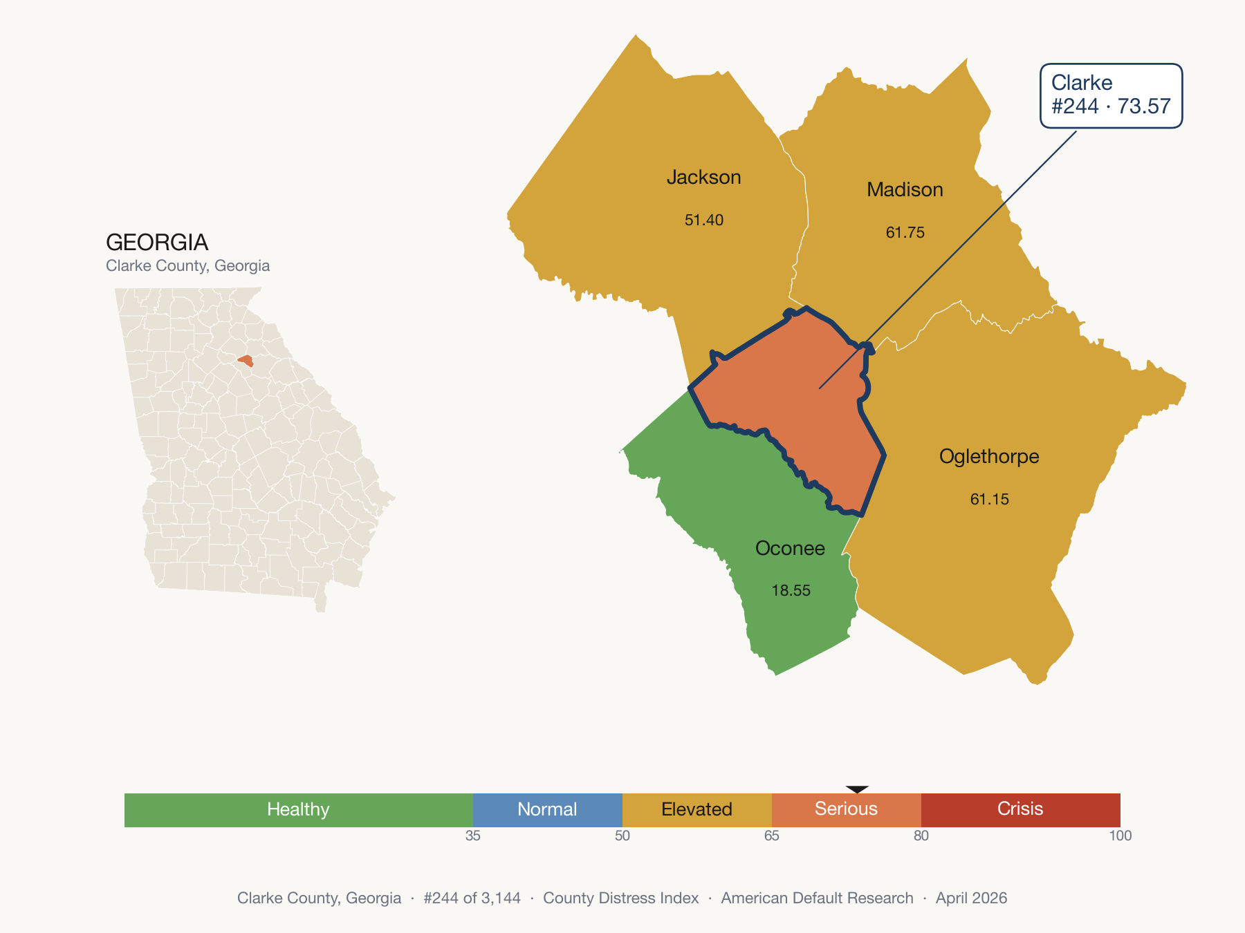 County Distress Index cluster map. Clarke County, Georgia and its neighbors colored by distress fifth.
