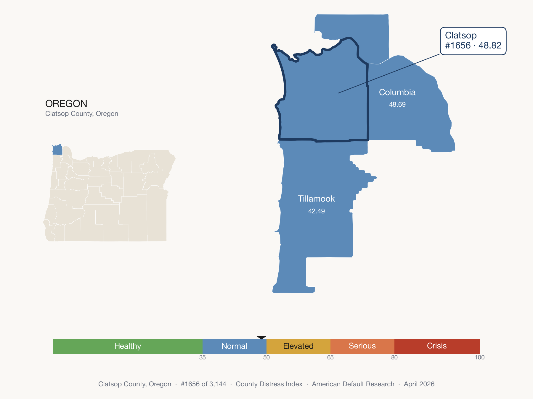 County Distress Index cluster map. Clatsop County, Oregon and its neighbors colored by distress fifth.
