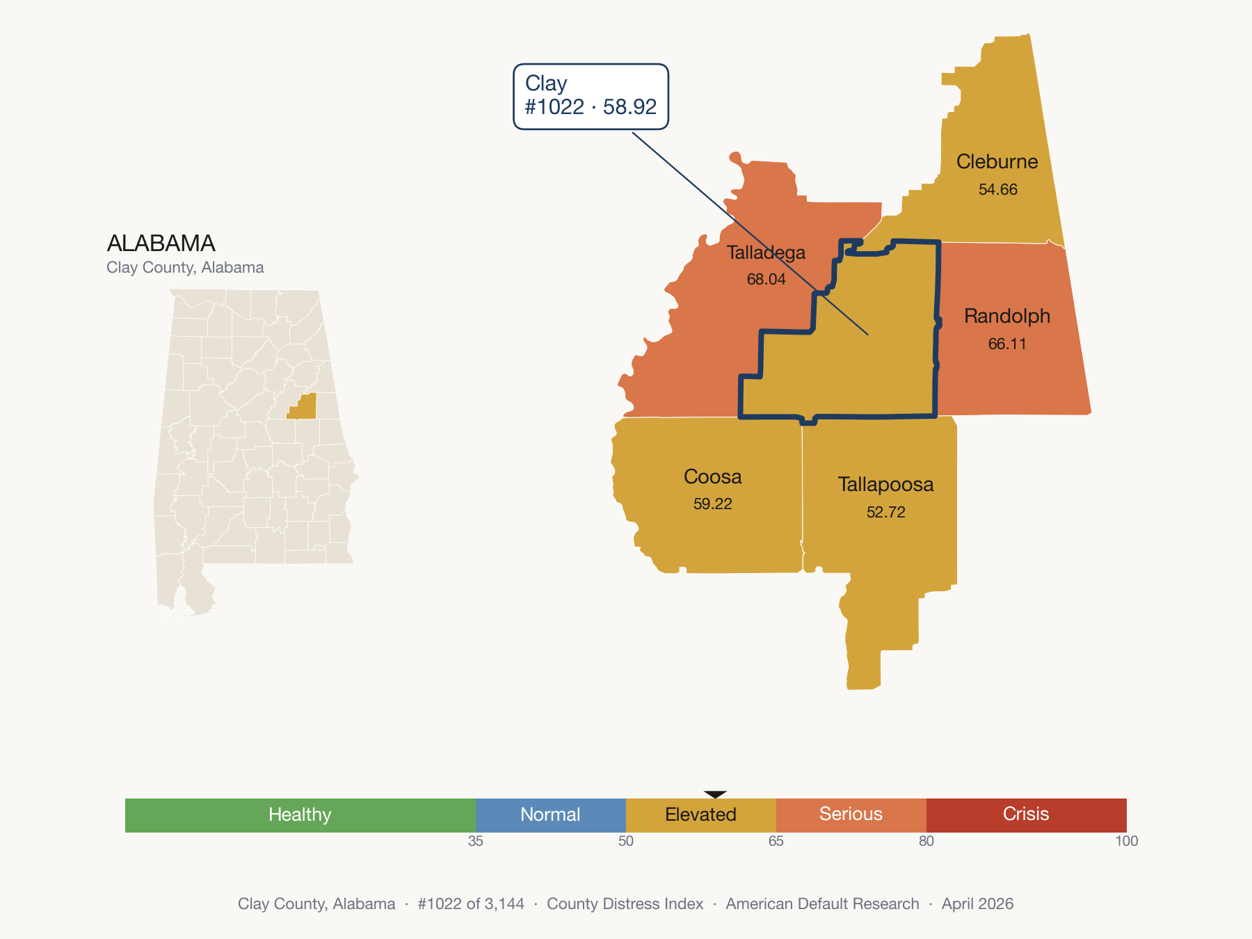 County Distress Index cluster map. Clay County, Alabama and its neighbors colored by distress fifth.