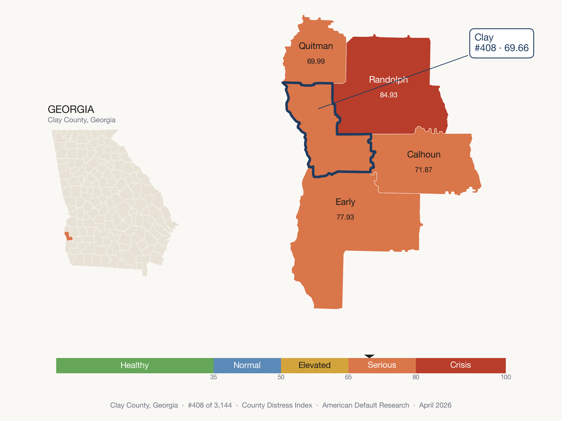 County Distress Index cluster map. Clay County, Georgia and its neighbors colored by distress fifth.