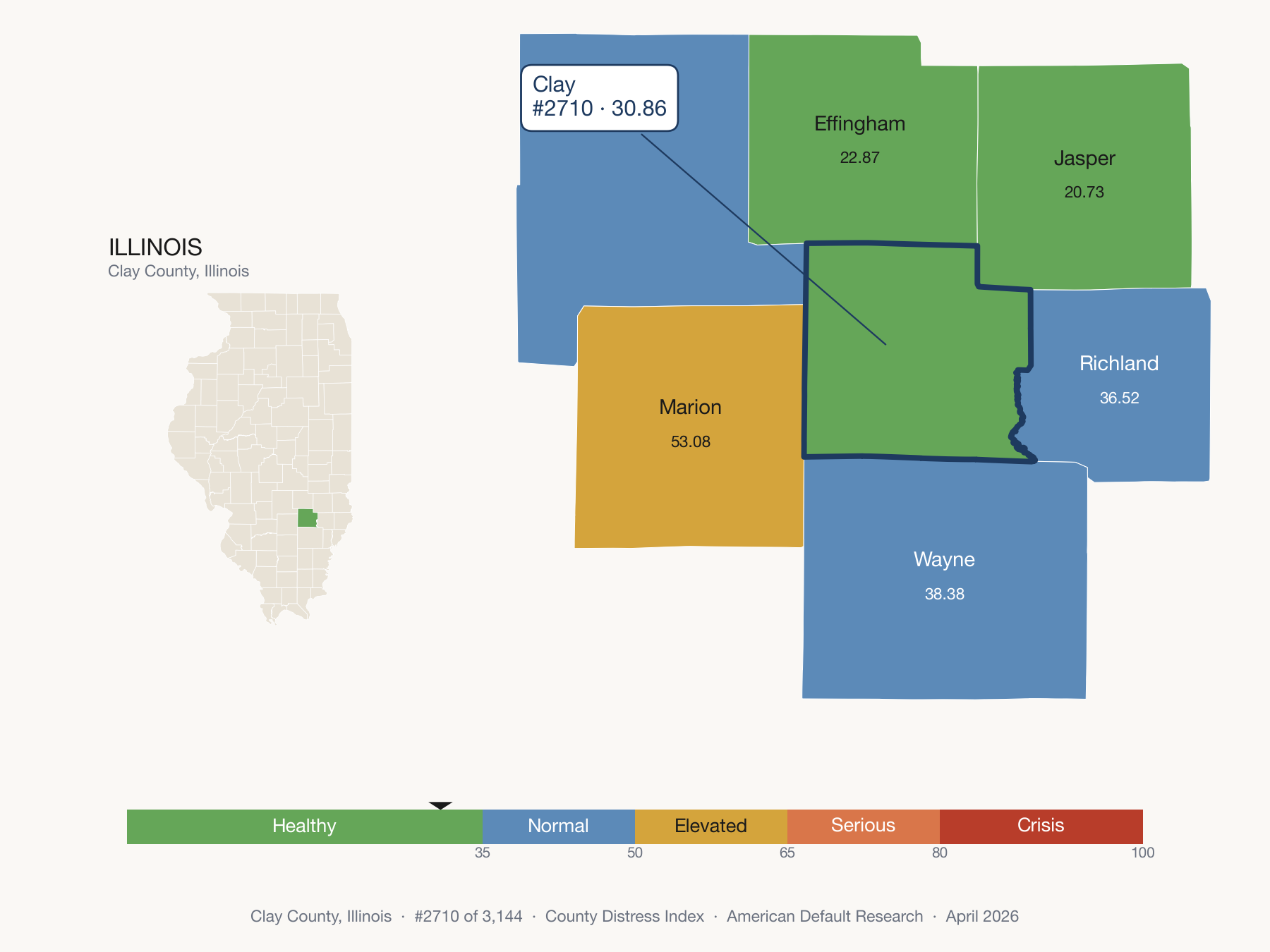County Distress Index cluster map. Clay County, Illinois and its neighbors colored by distress fifth.