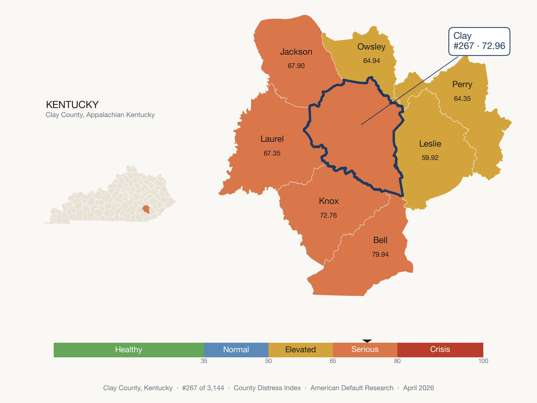 County Distress Index cluster map. Clay County, Kentucky and its neighbors colored by distress fifth.
