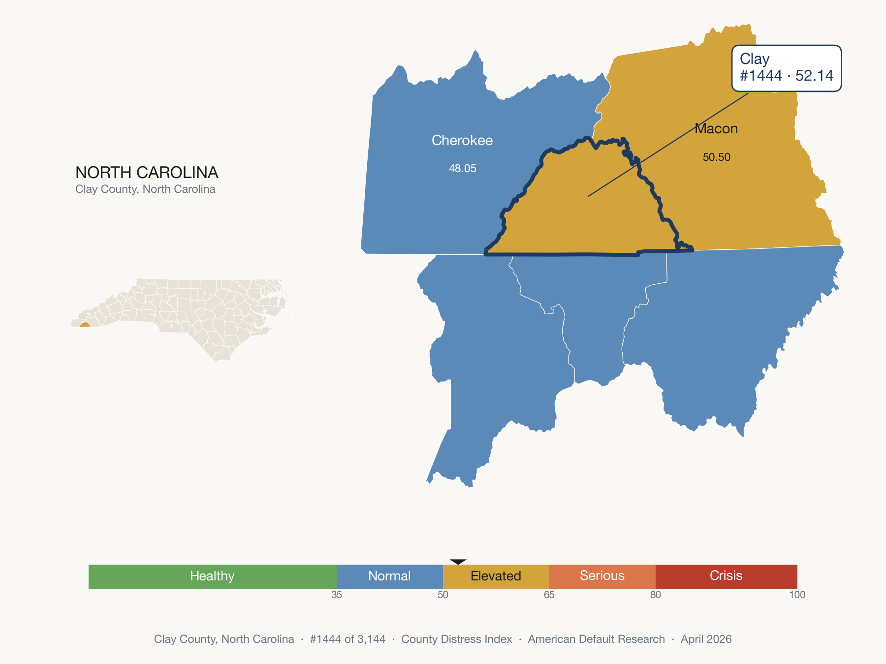 County Distress Index cluster map. Clay County, North Carolina and its neighbors colored by distress fifth.