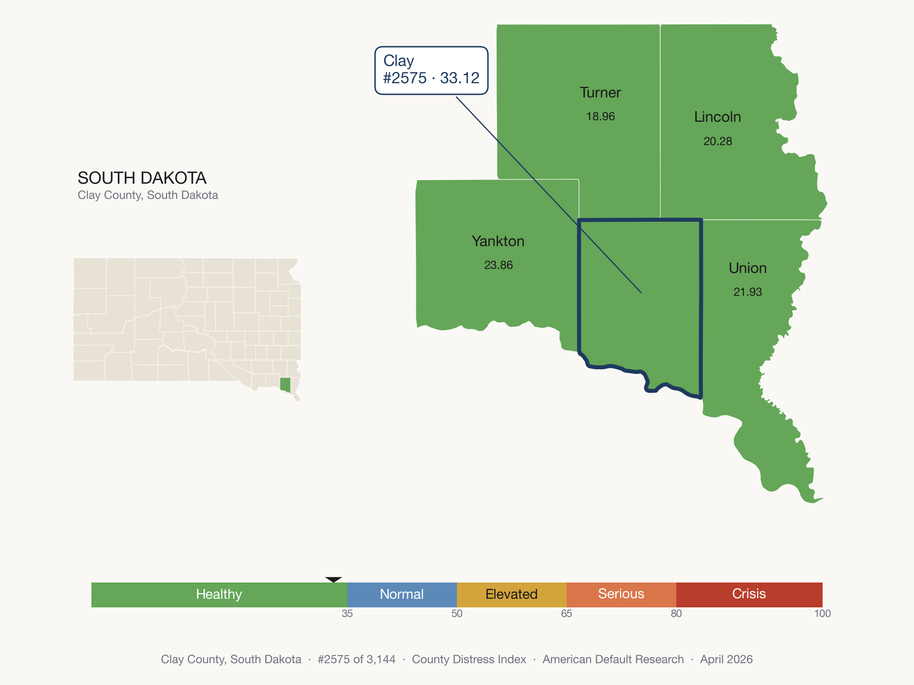 County Distress Index cluster map. Clay County, South Dakota and its neighbors colored by distress fifth.