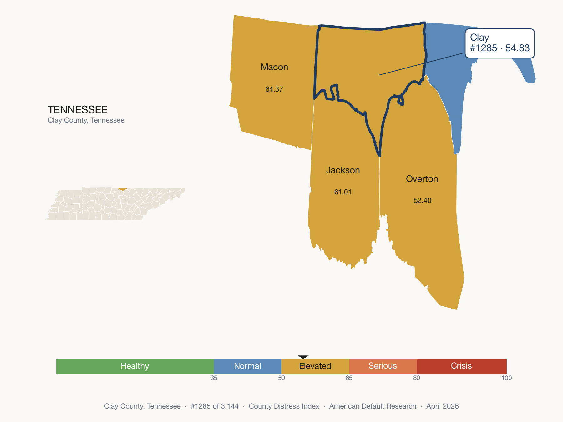 County Distress Index cluster map. Clay County, Tennessee and its neighbors colored by distress fifth.