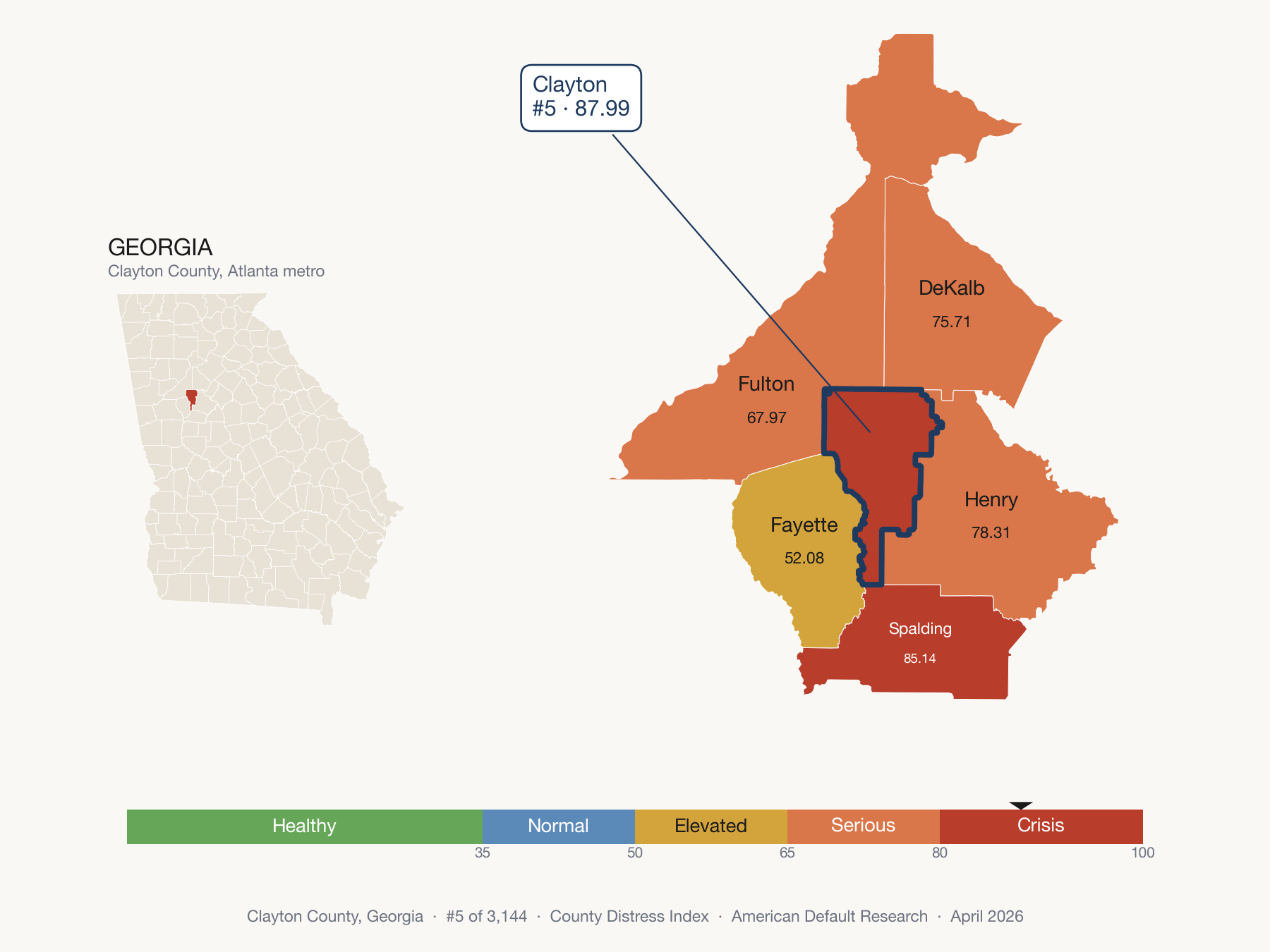 County Distress Index cluster map. Clayton County, Georgia and its neighbors colored by distress fifth.