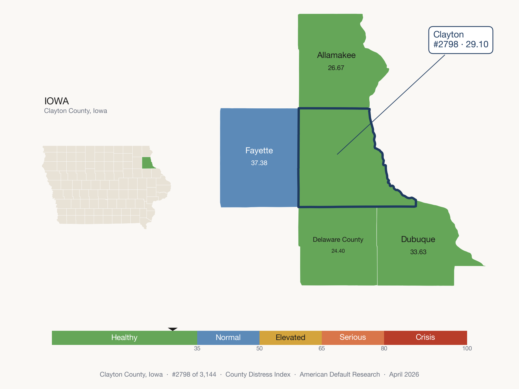 County Distress Index cluster map. Clayton County, Iowa and its neighbors colored by distress fifth.