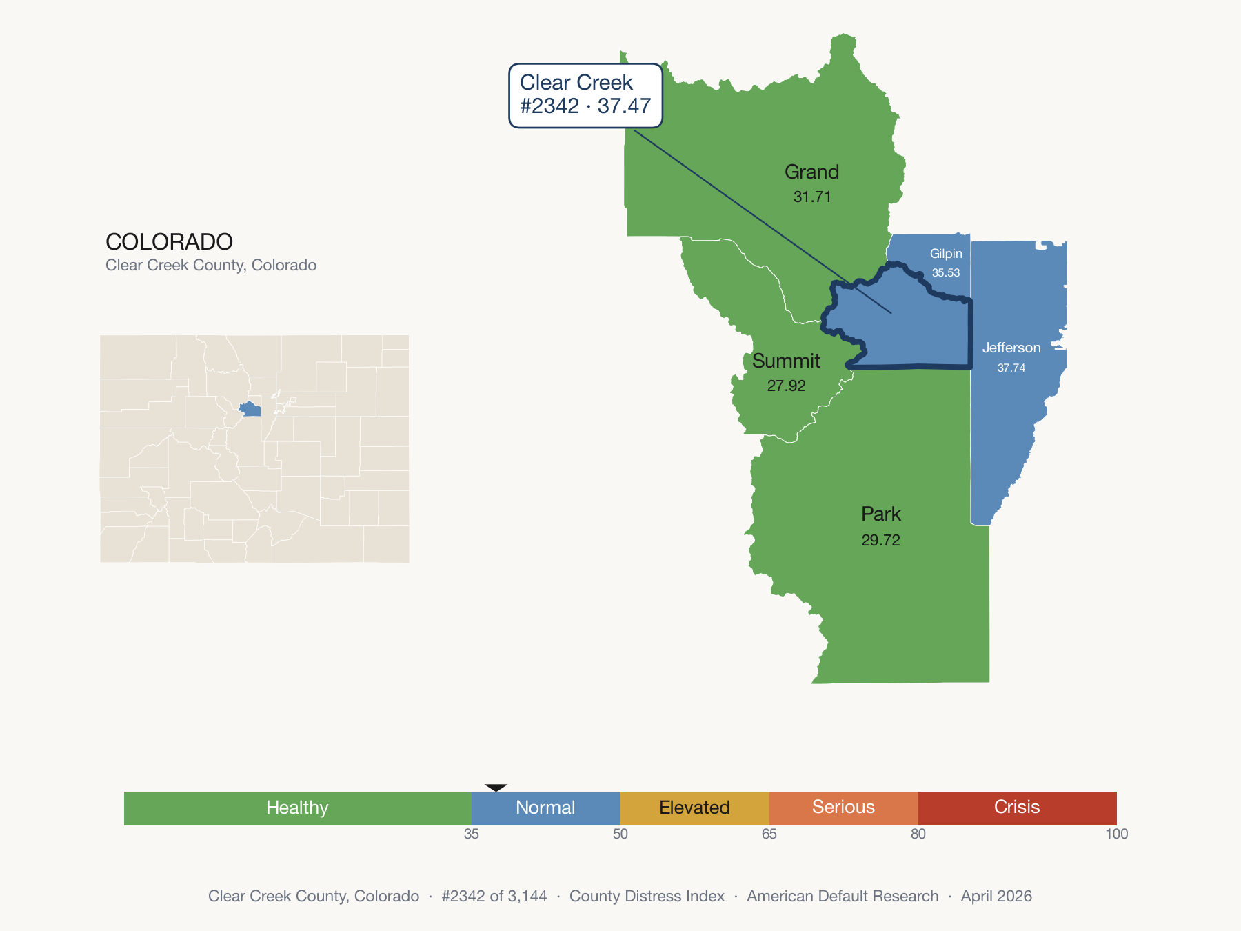 County Distress Index cluster map. Clear Creek County, Colorado and its neighbors colored by distress fifth.