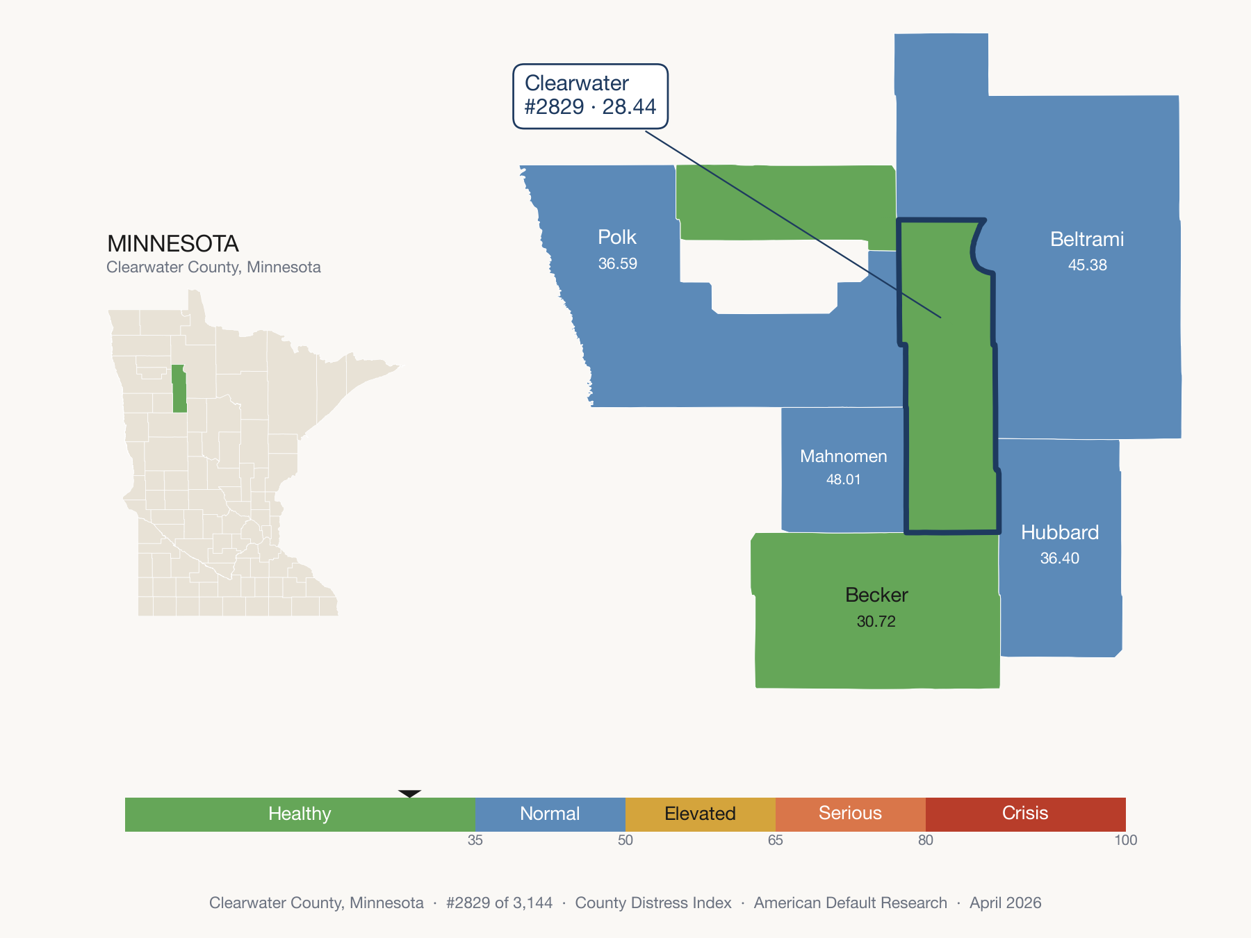 County Distress Index cluster map. Clearwater County, Minnesota and its neighbors colored by distress fifth.