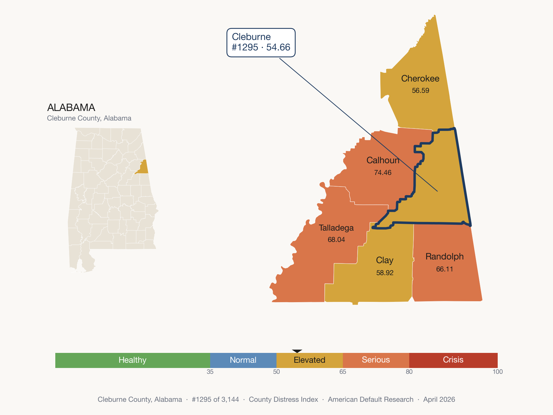 County Distress Index cluster map. Cleburne County, Alabama and its neighbors colored by distress fifth.