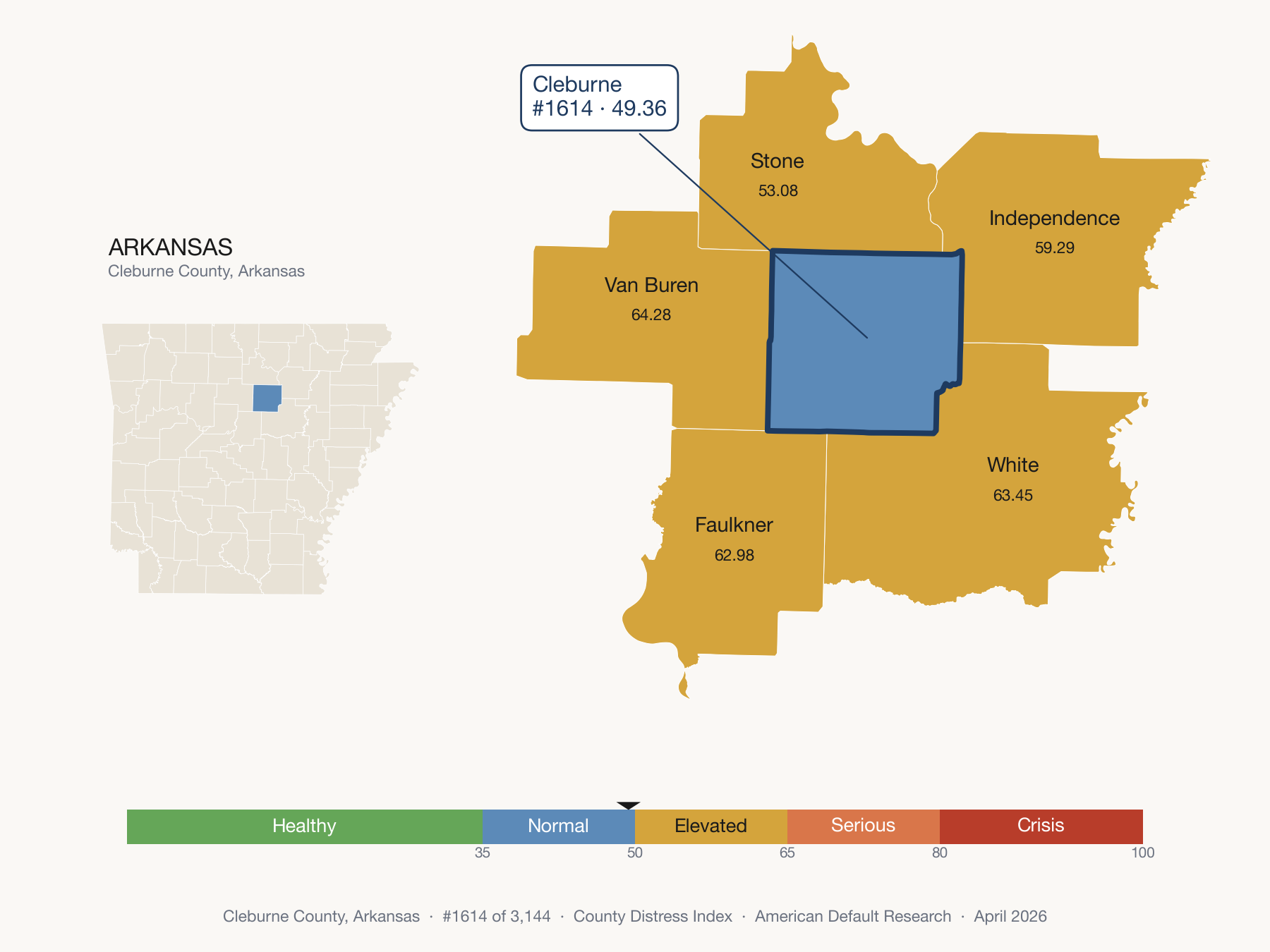 County Distress Index cluster map. Cleburne County, Arkansas and its neighbors colored by distress fifth.