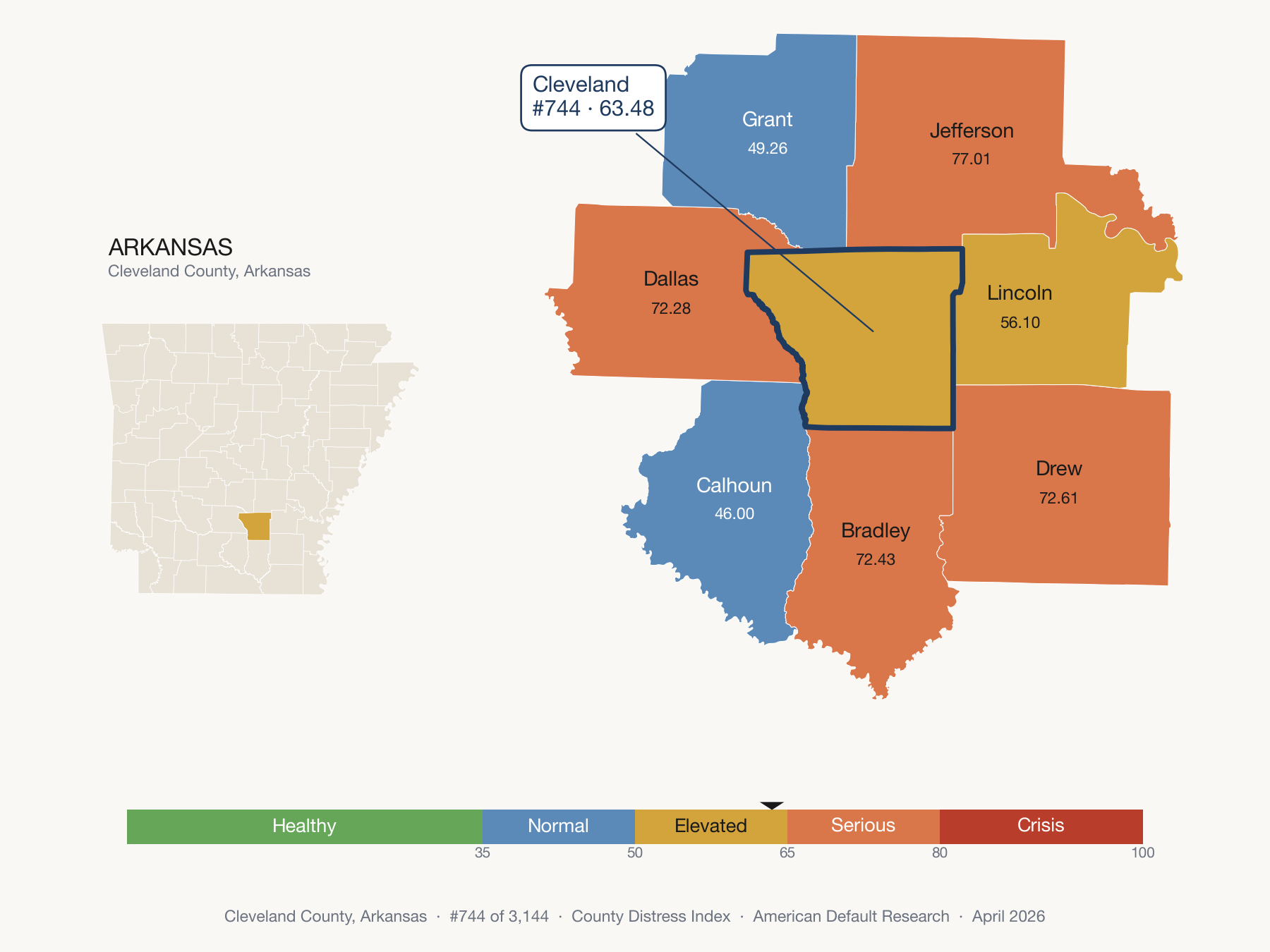 County Distress Index cluster map. Cleveland County, Arkansas and its neighbors colored by distress fifth.