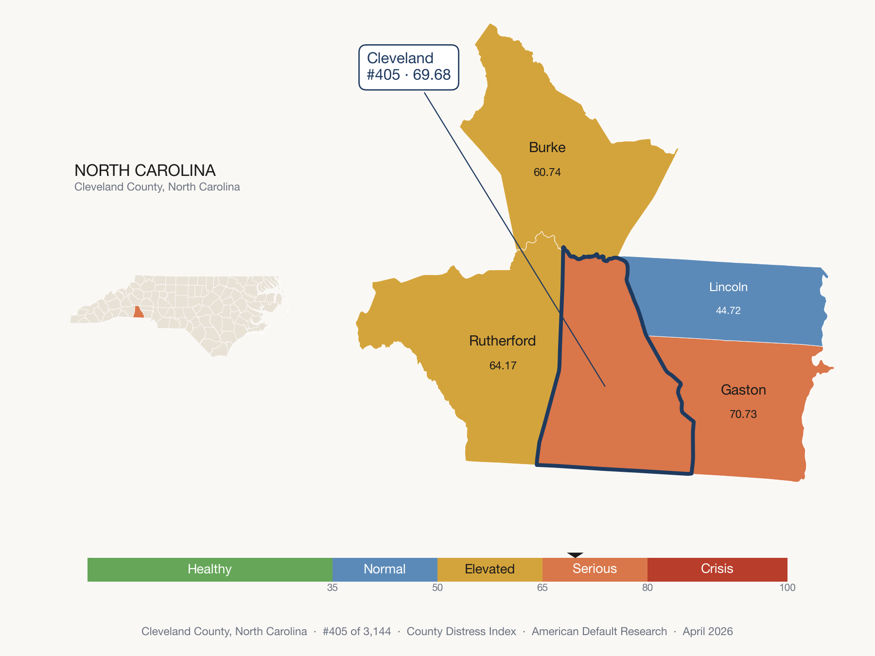 County Distress Index cluster map. Cleveland County, North Carolina and its neighbors colored by distress fifth.