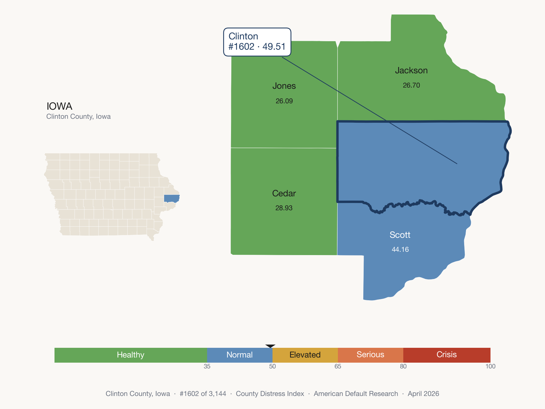 County Distress Index cluster map. Clinton County, Iowa and its neighbors colored by distress fifth.