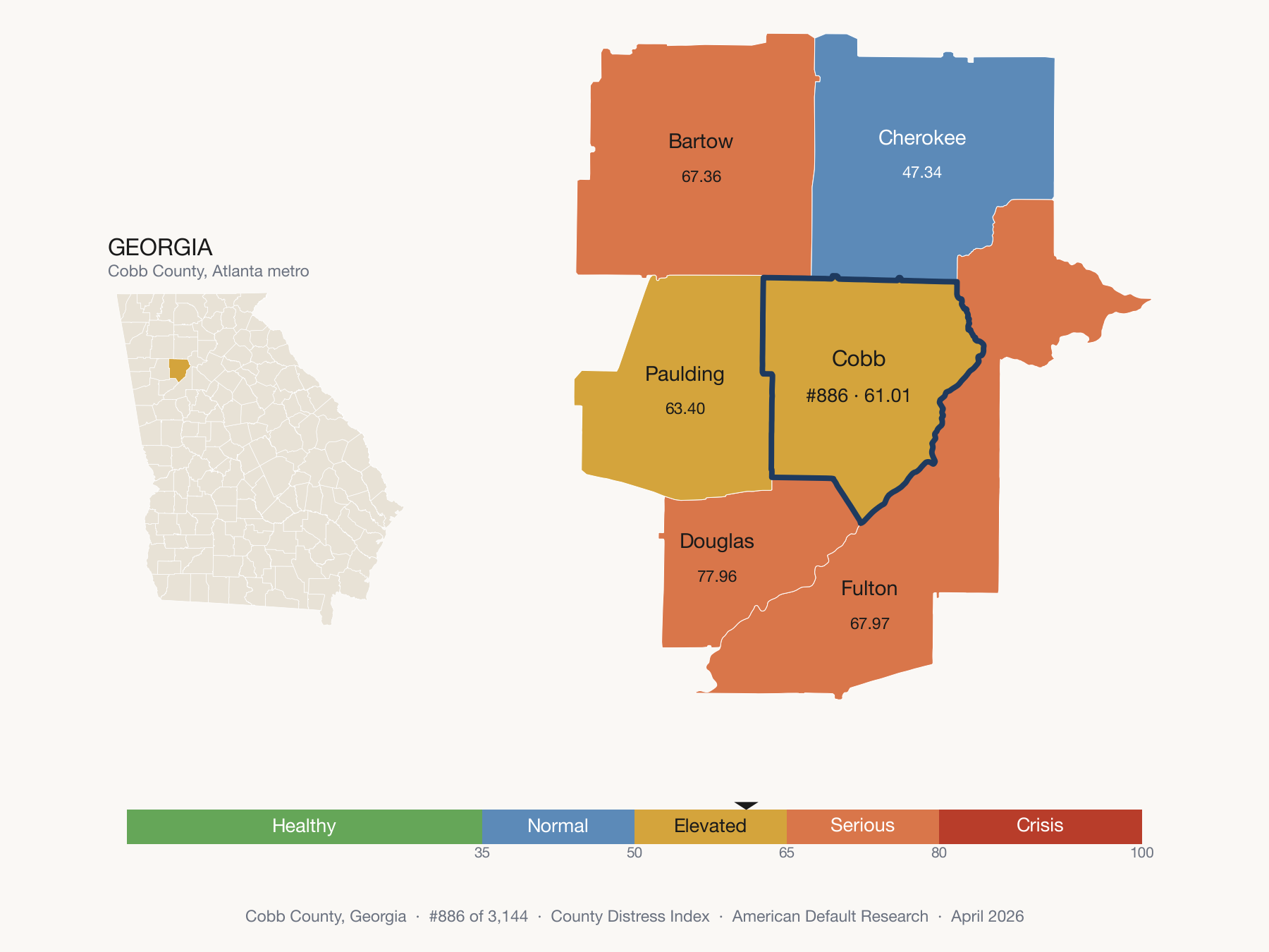 County Distress Index cluster map. Cobb County, Georgia and its neighbors colored by distress fifth.