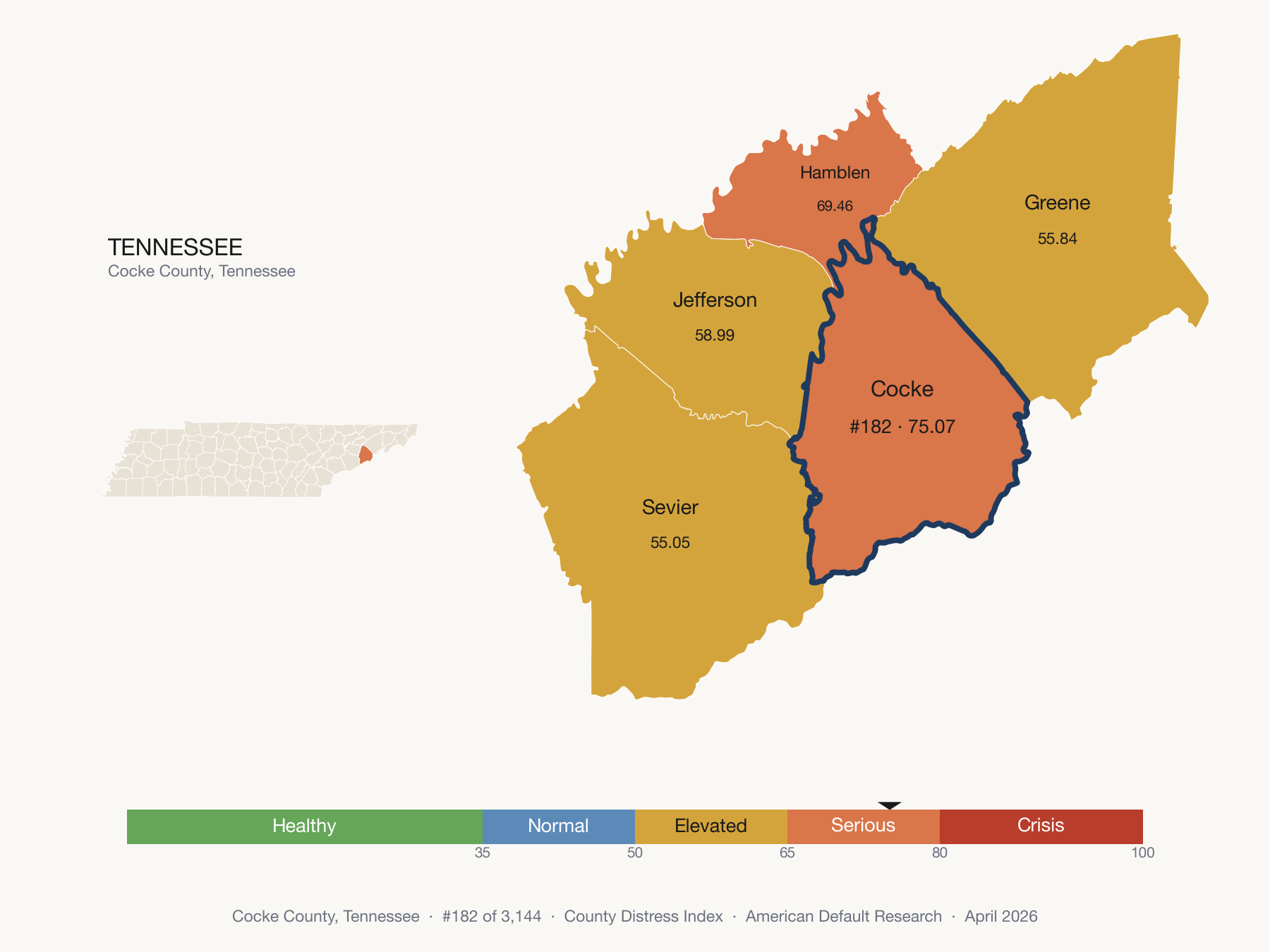 County Distress Index cluster map. Cocke County, Tennessee and its neighbors colored by distress fifth.