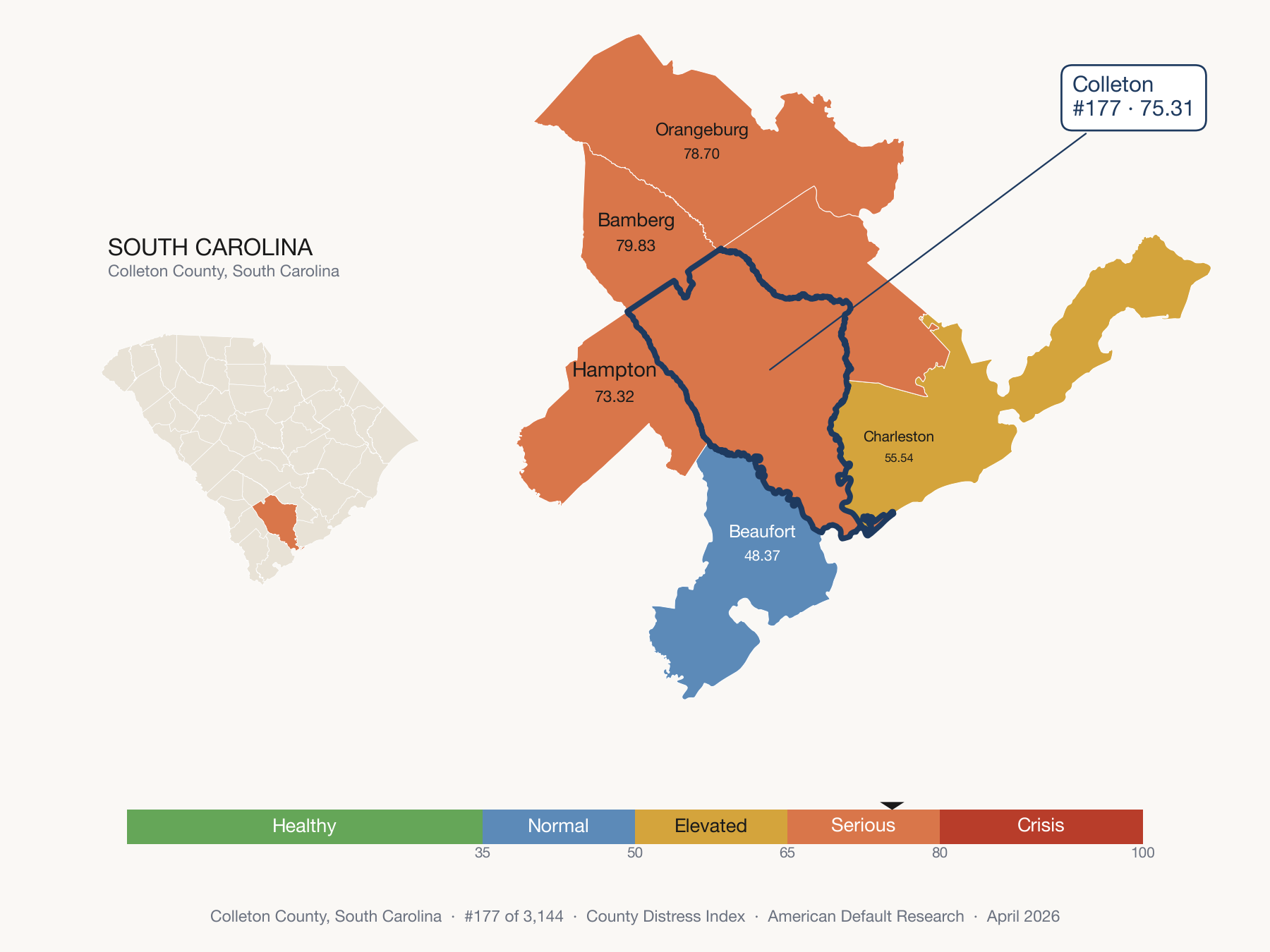 County Distress Index cluster map. Colleton County, South Carolina and its neighbors colored by distress fifth.