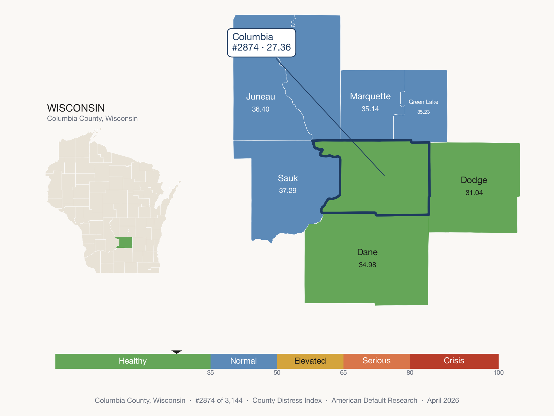 County Distress Index cluster map. Columbia County, Wisconsin and its neighbors colored by distress fifth.