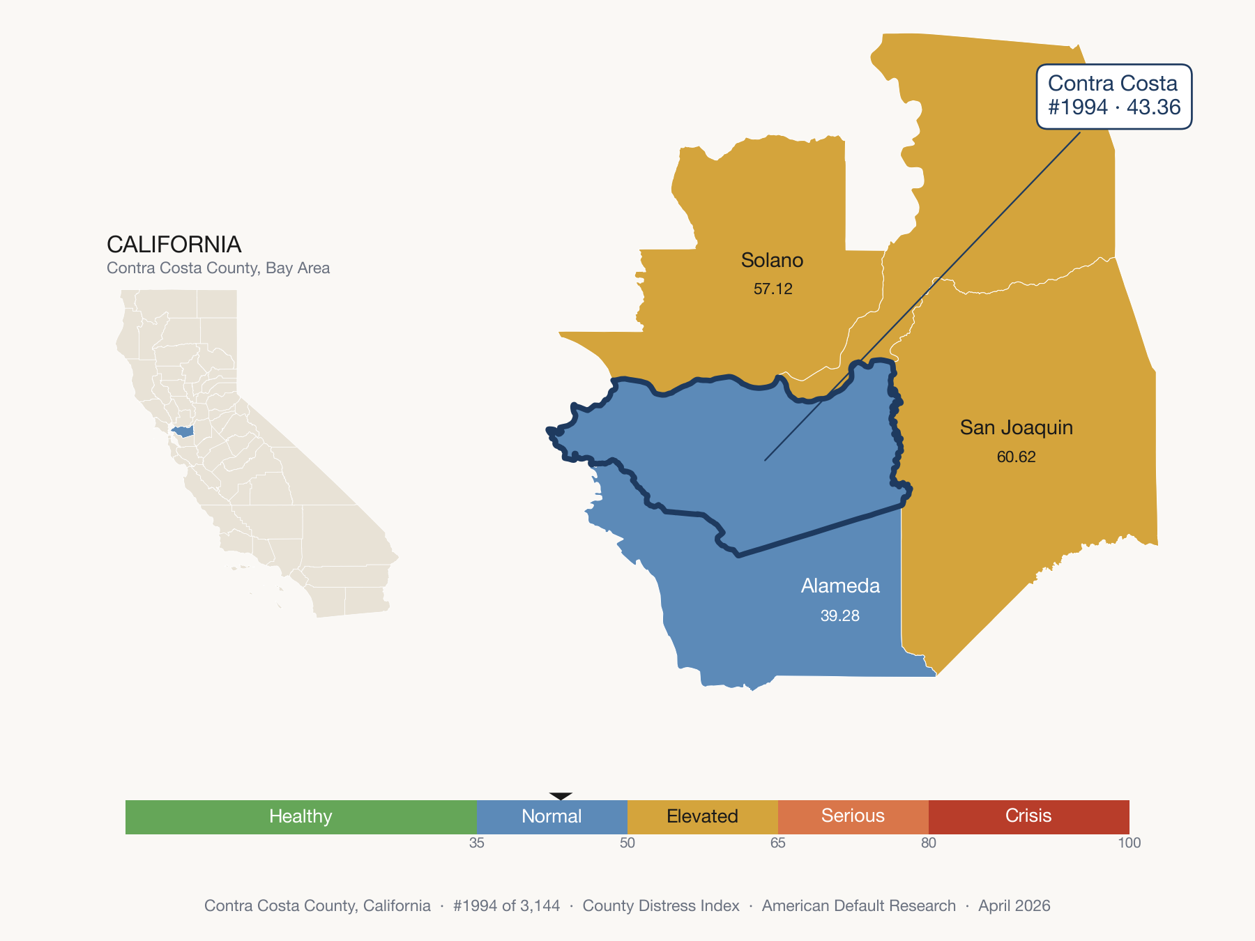 County Distress Index cluster map. Contra Costa County, California and its neighbors colored by distress fifth.