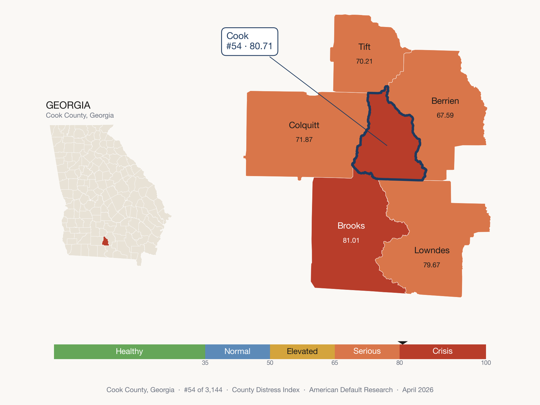 County Distress Index cluster map. Cook County, Georgia and its neighbors colored by distress fifth.