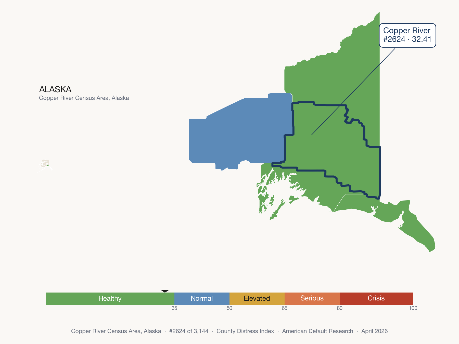 County Distress Index cluster map. Copper River Census Area, Alaska and its neighbors colored by distress fifth.