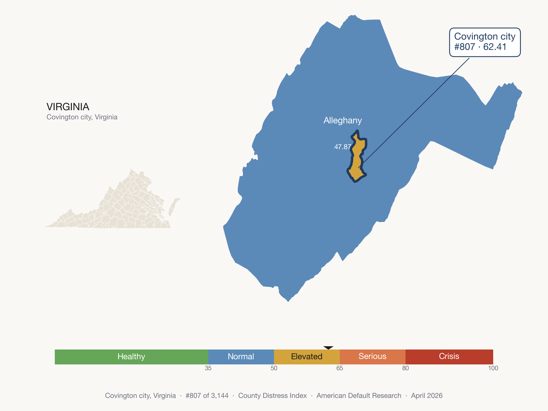 County Distress Index cluster map. Covington city, Virginia and its neighbors colored by distress fifth.