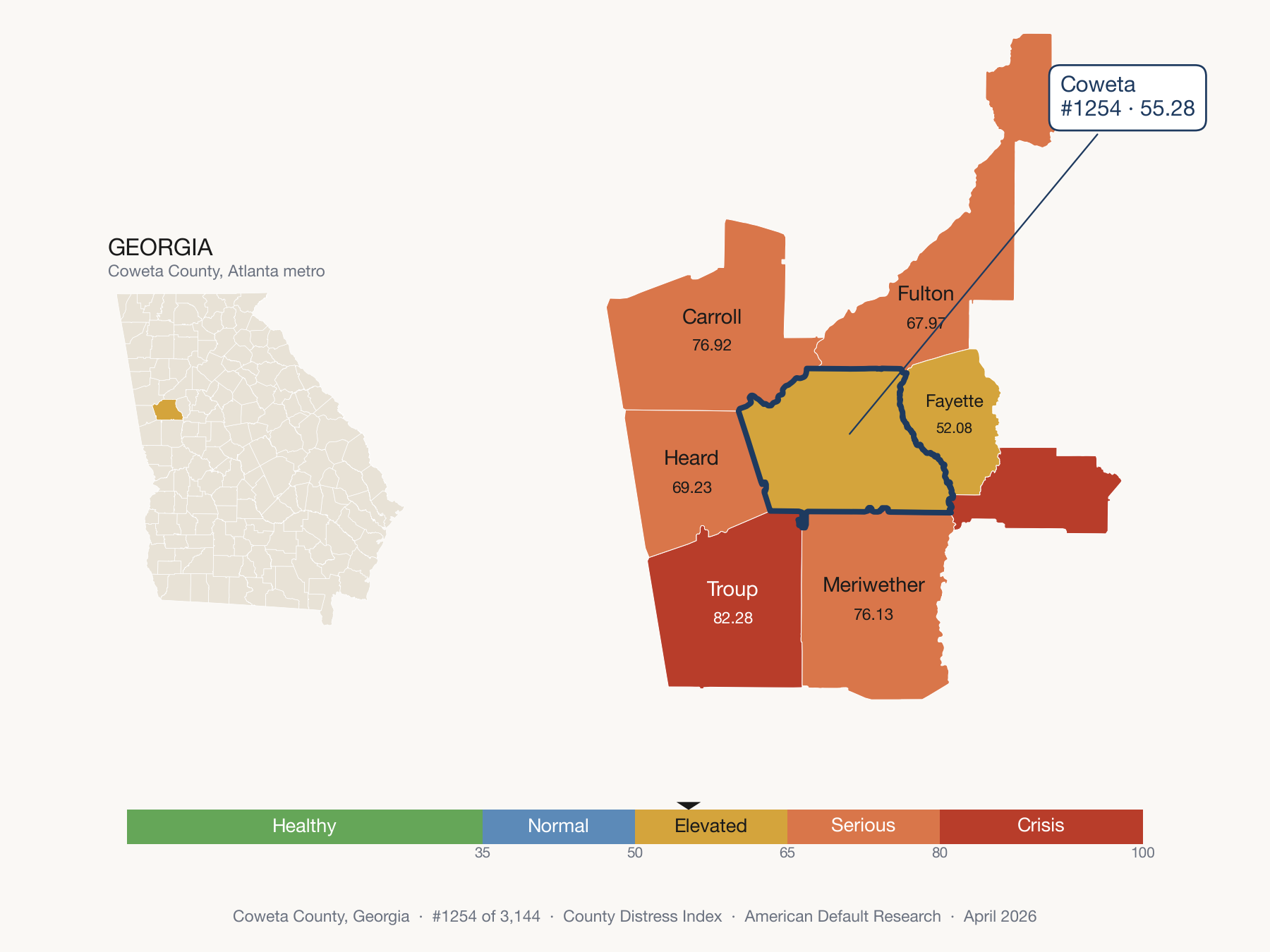 County Distress Index cluster map. Coweta County, Georgia and its neighbors colored by distress fifth.