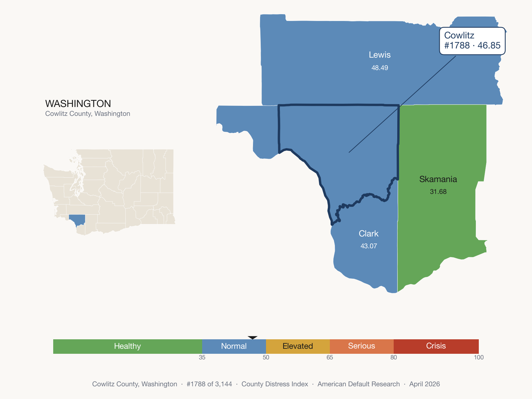 County Distress Index cluster map. Cowlitz County, Washington and its neighbors colored by distress fifth.