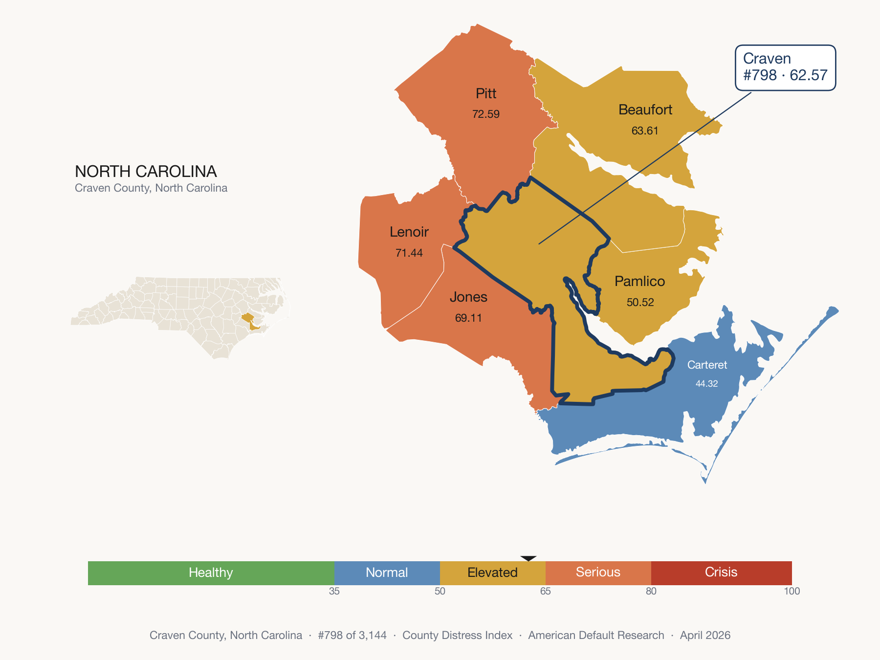 County Distress Index cluster map. Craven County, North Carolina and its neighbors colored by distress fifth.