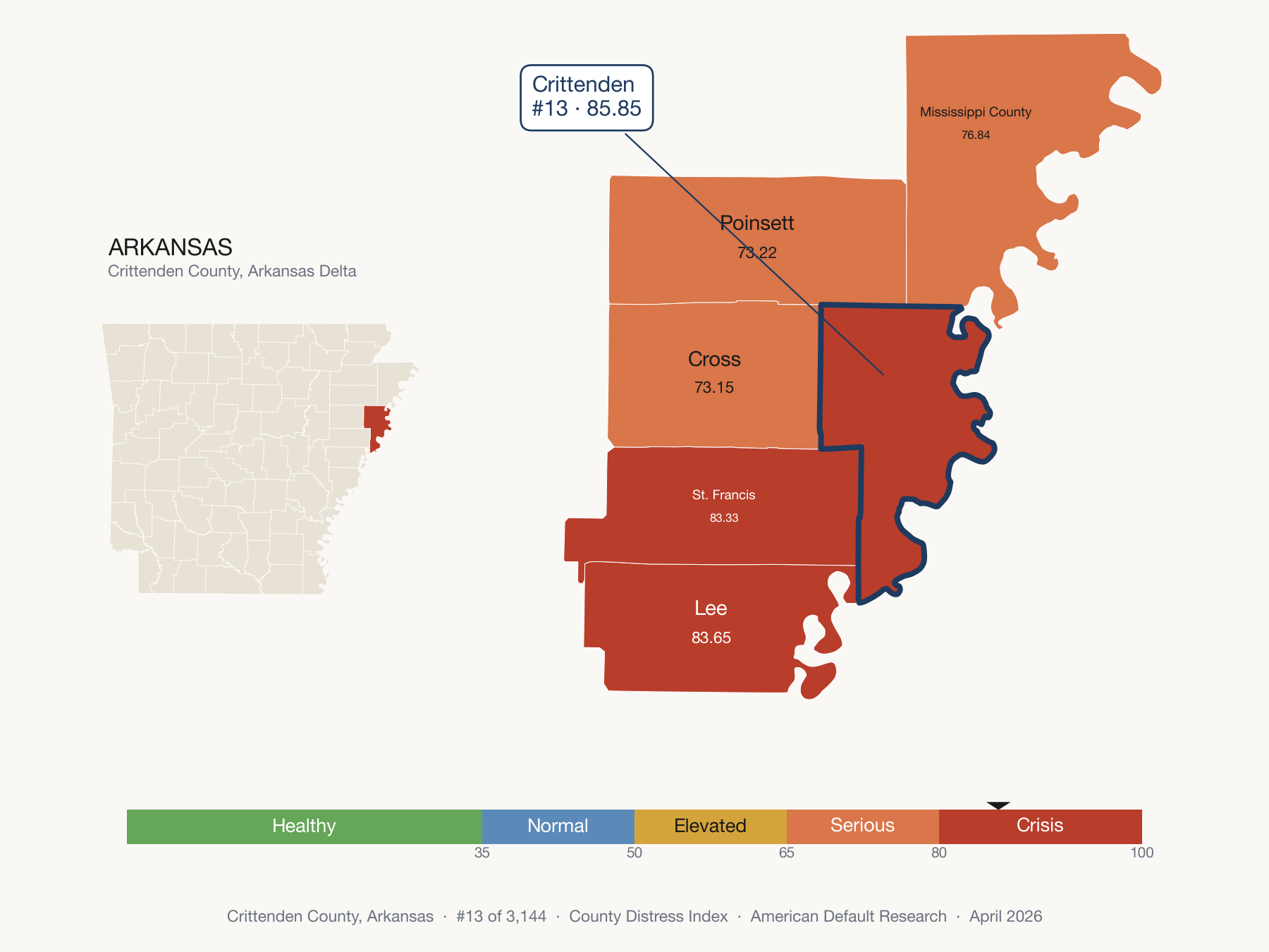 County Distress Index cluster map. Crittenden County, Arkansas and its neighbors colored by distress fifth.