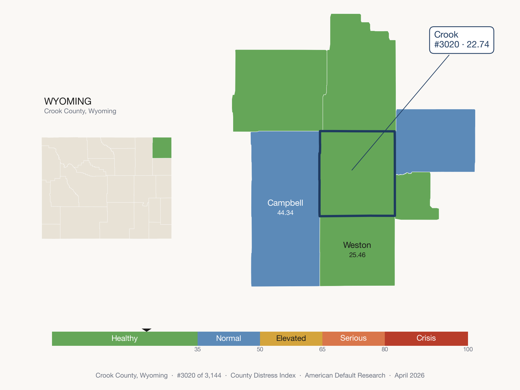 County Distress Index cluster map. Crook County, Wyoming and its neighbors colored by distress fifth.