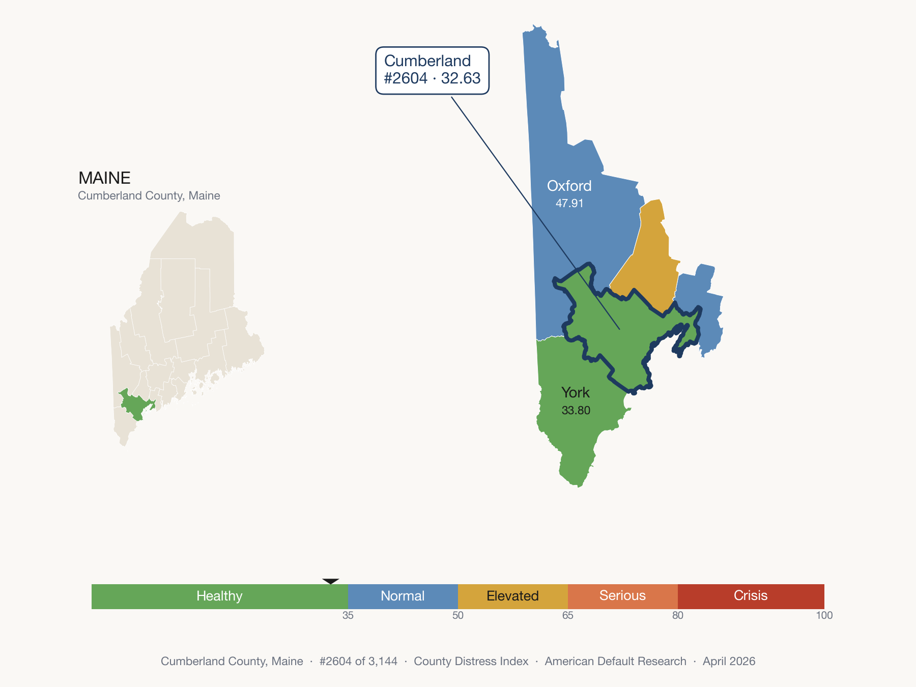County Distress Index cluster map. Cumberland County, Maine and its neighbors colored by distress fifth.
