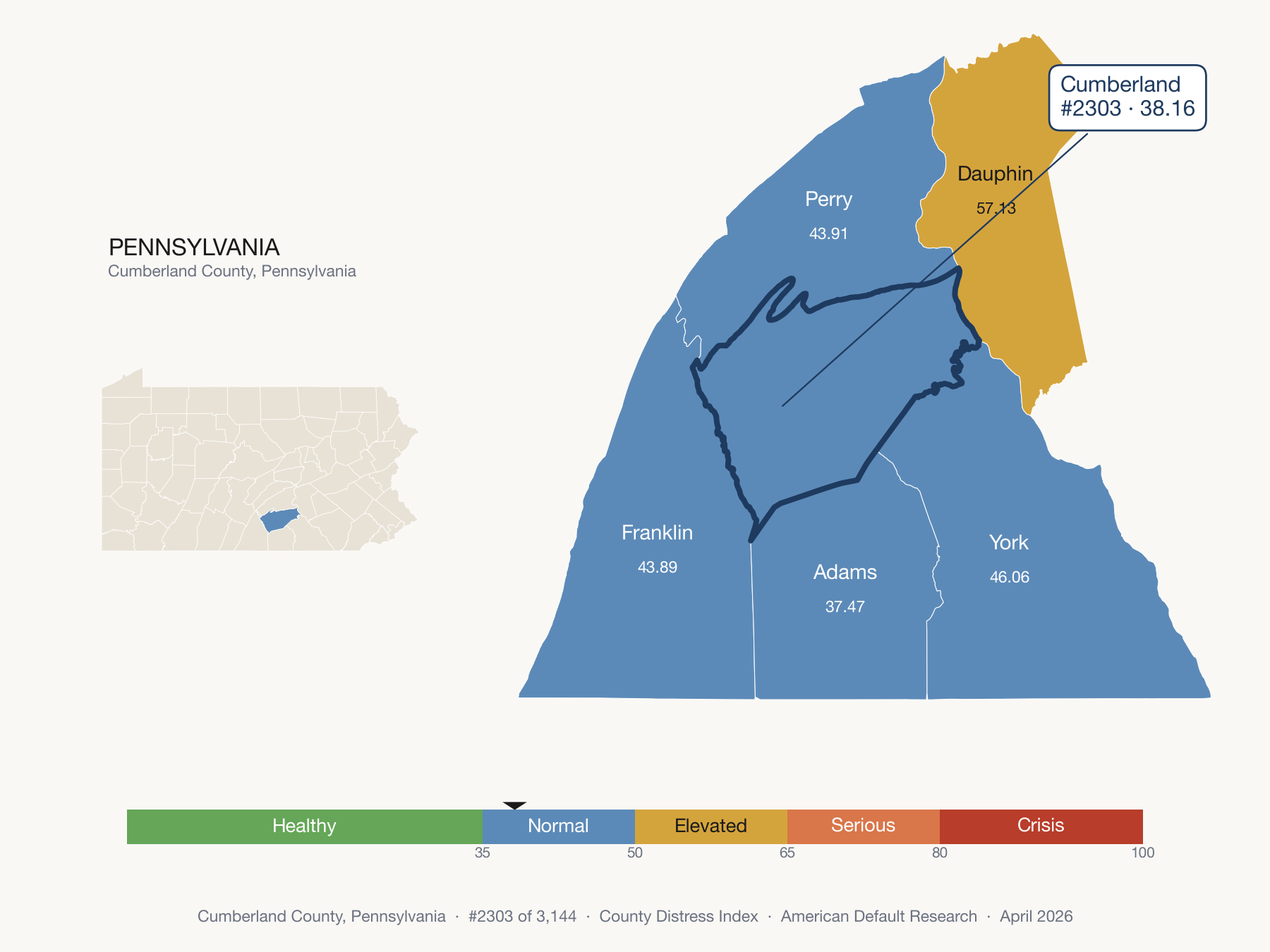 County Distress Index cluster map. Cumberland County, Pennsylvania and its neighbors colored by distress fifth.