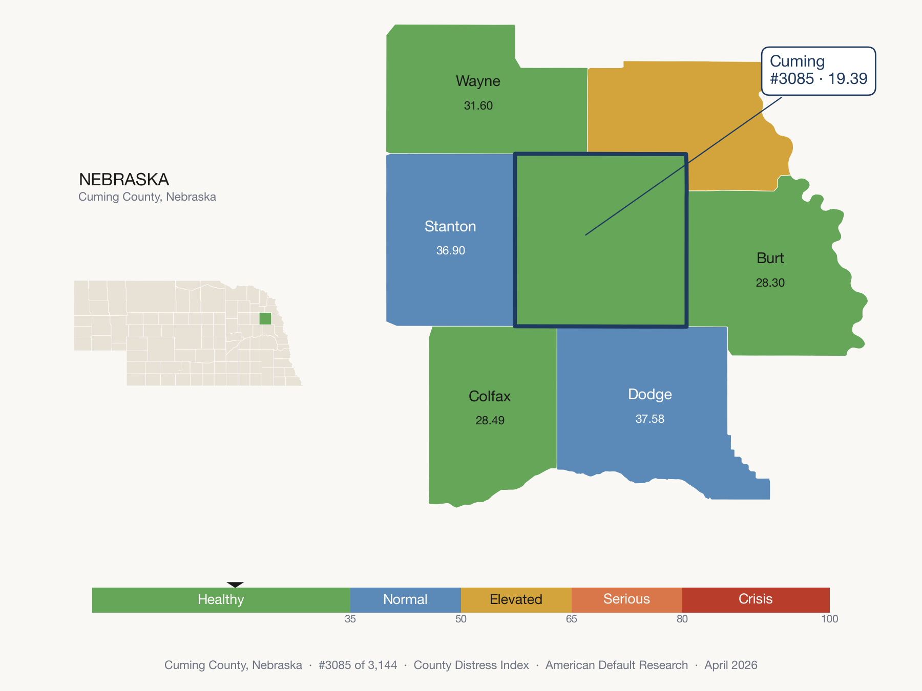 County Distress Index cluster map. Cuming County, Nebraska and its neighbors colored by distress fifth.